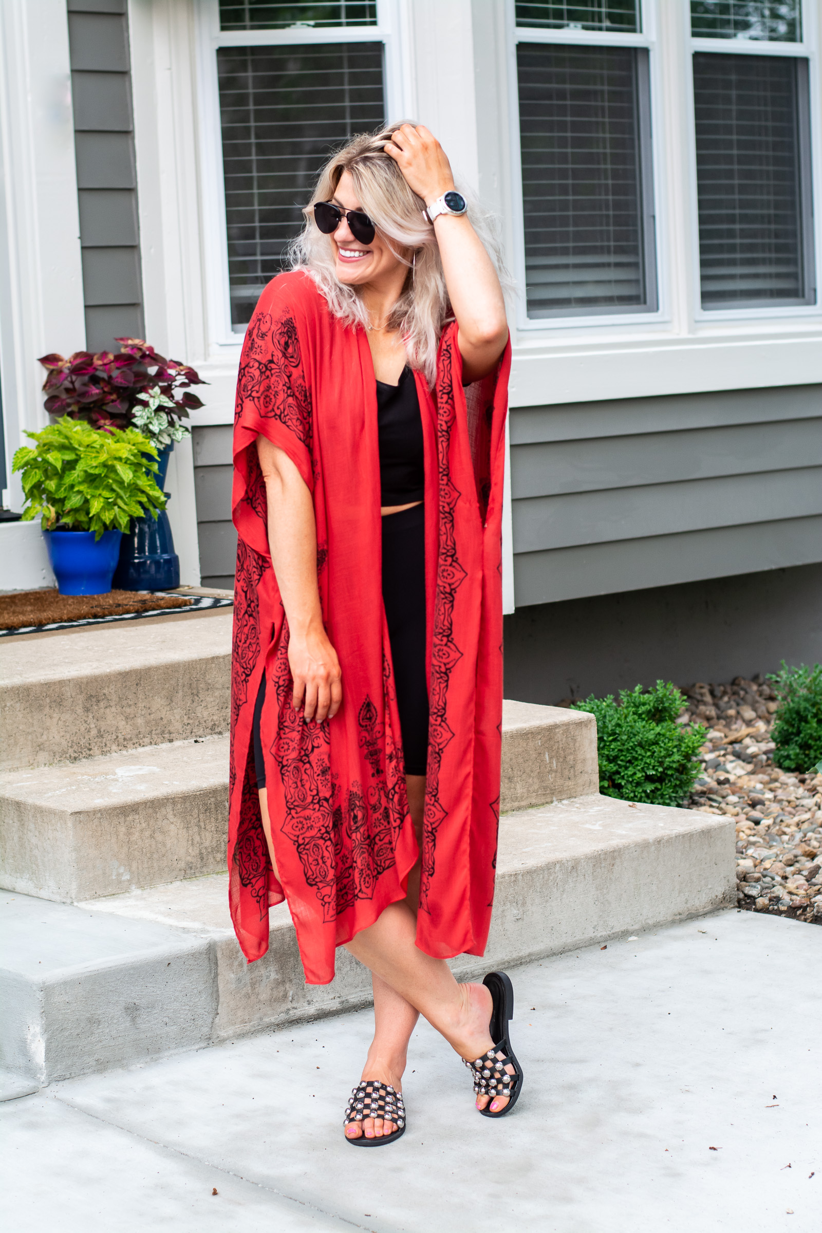 Red Printed Kimono + Cage Sandals. | Ash from LSR