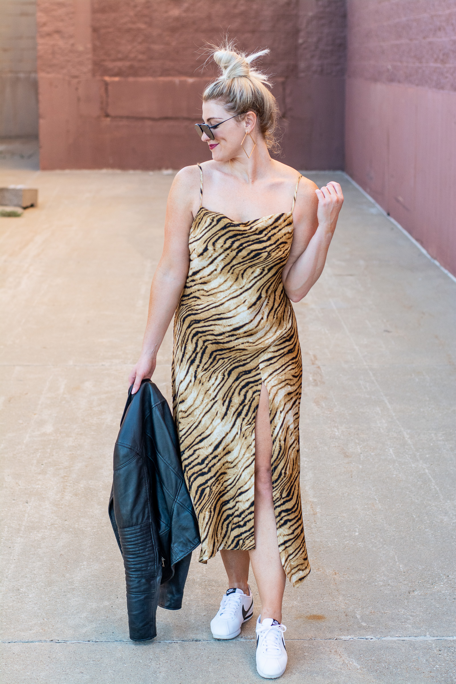 Transitional Outfit Idea: Tiger-striped Slip Dress + Sneakers. | LSR