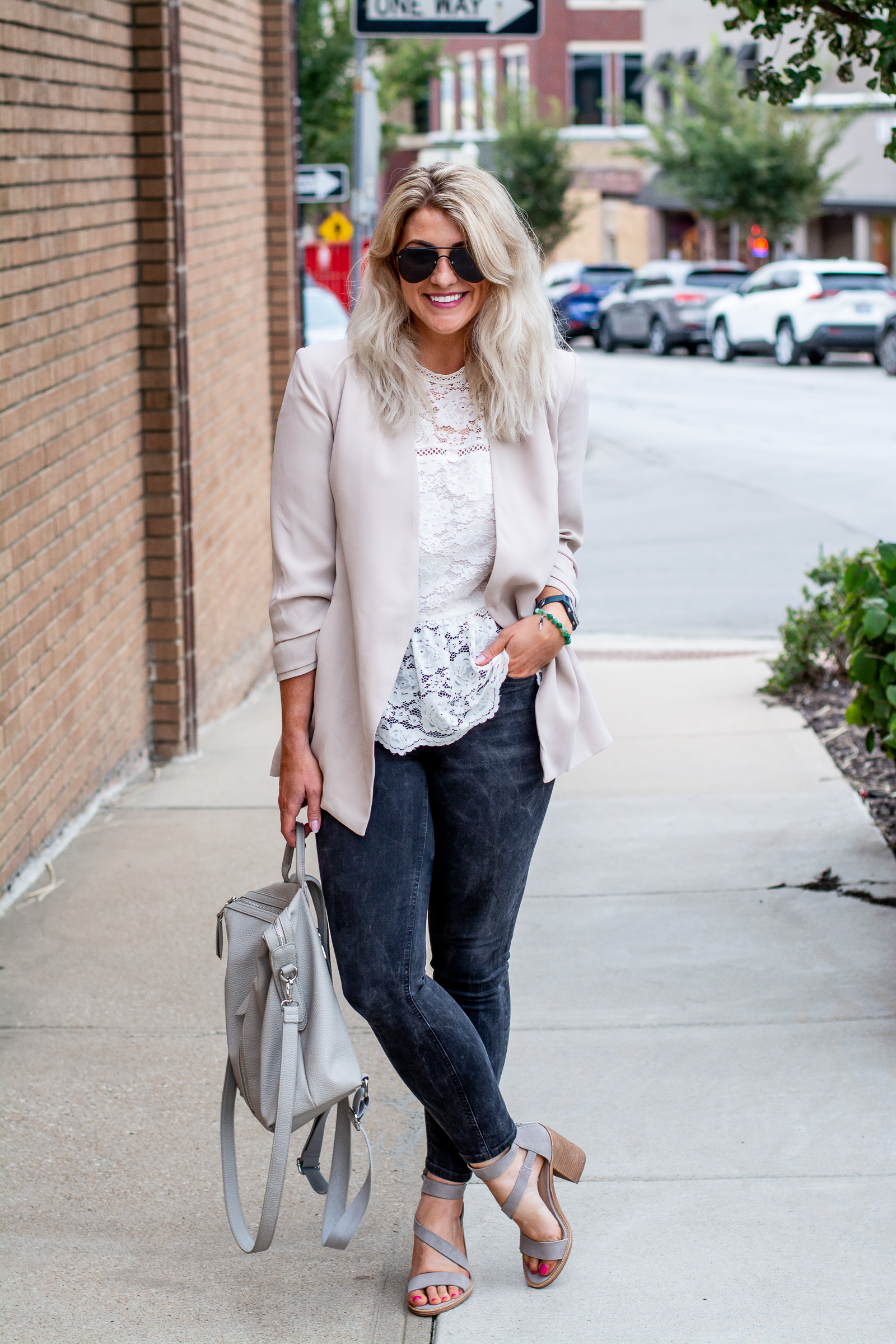 Easy Chic Outfit Idea: Neutral Blazer and a Lace Blouse. | LSR