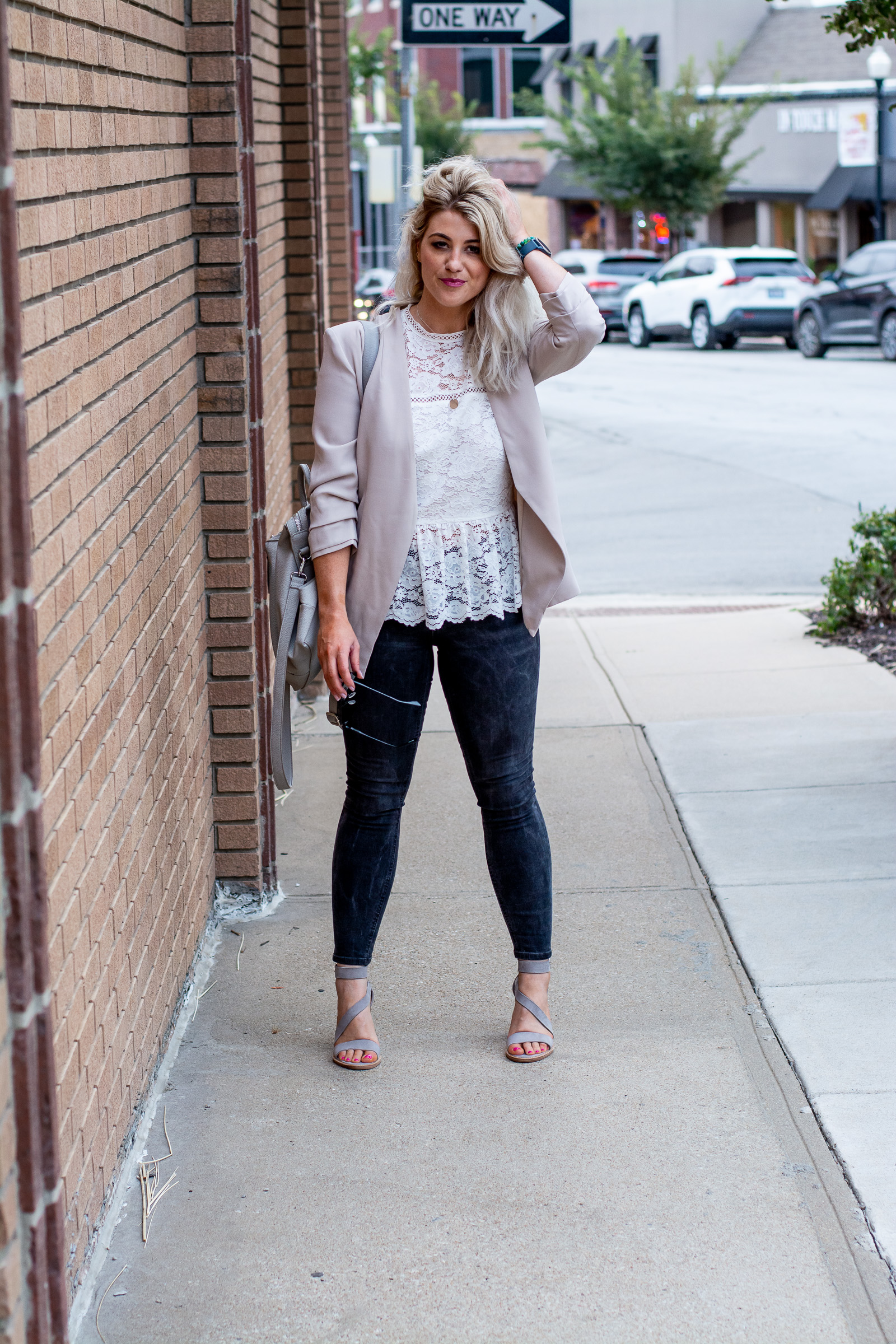 Easy Chic Outfit Idea: Neutral Blazer and a Lace Blouse. | LSR