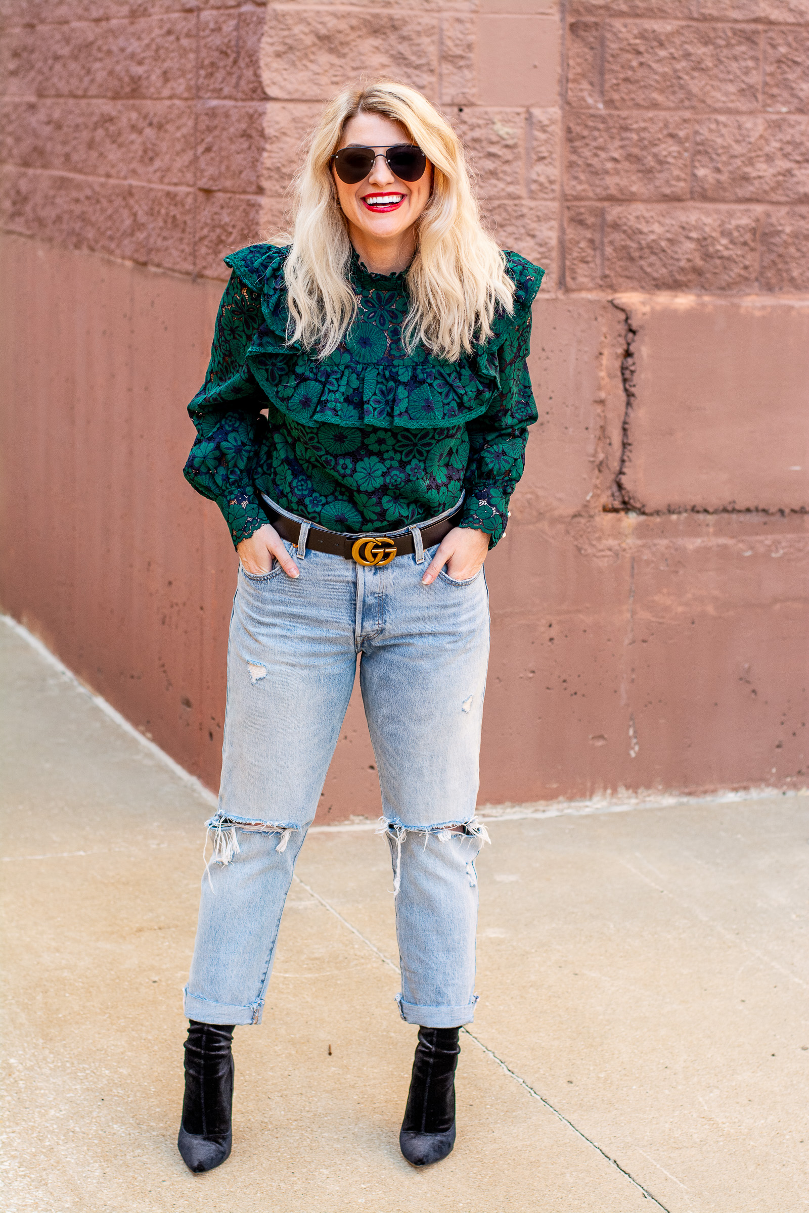 Holiday Outfit: Sock Boots with a Green Lace Blouse and Levi's. | LSR
