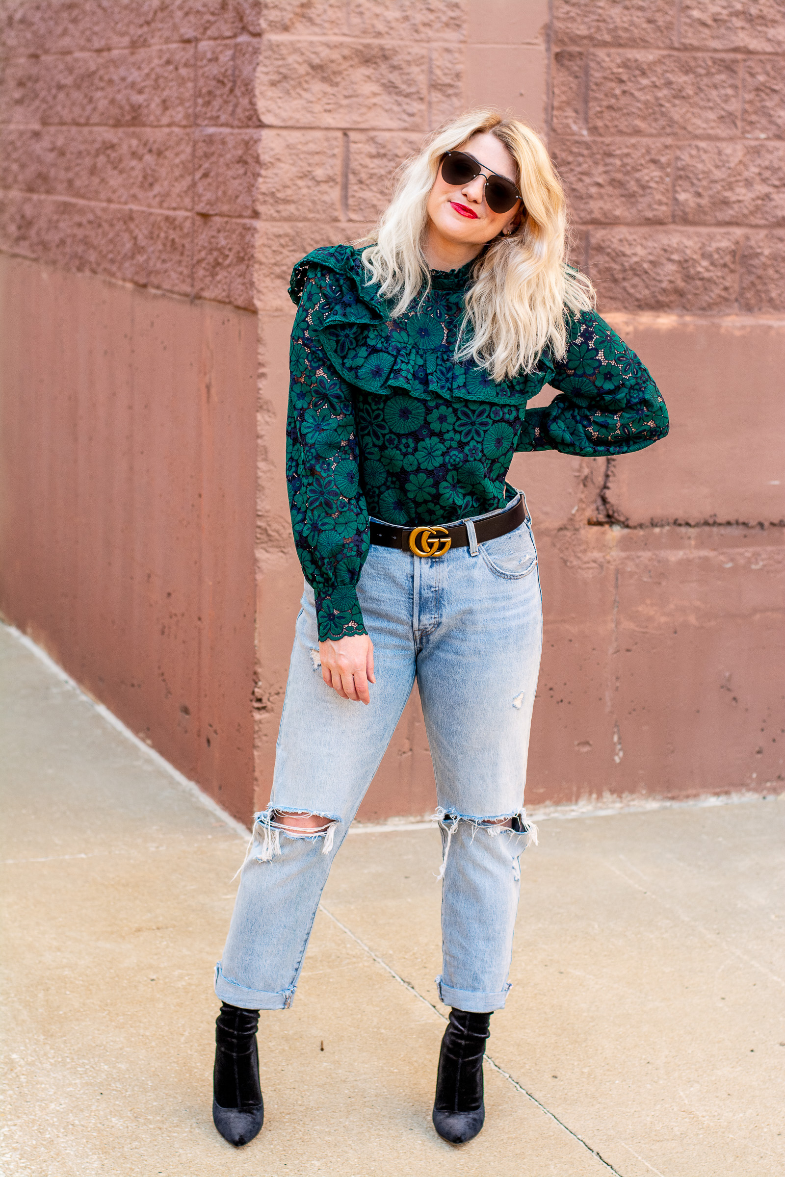 Sock Boots with a Green Lace Blouse + Levi's. | Le Stylo Rouge