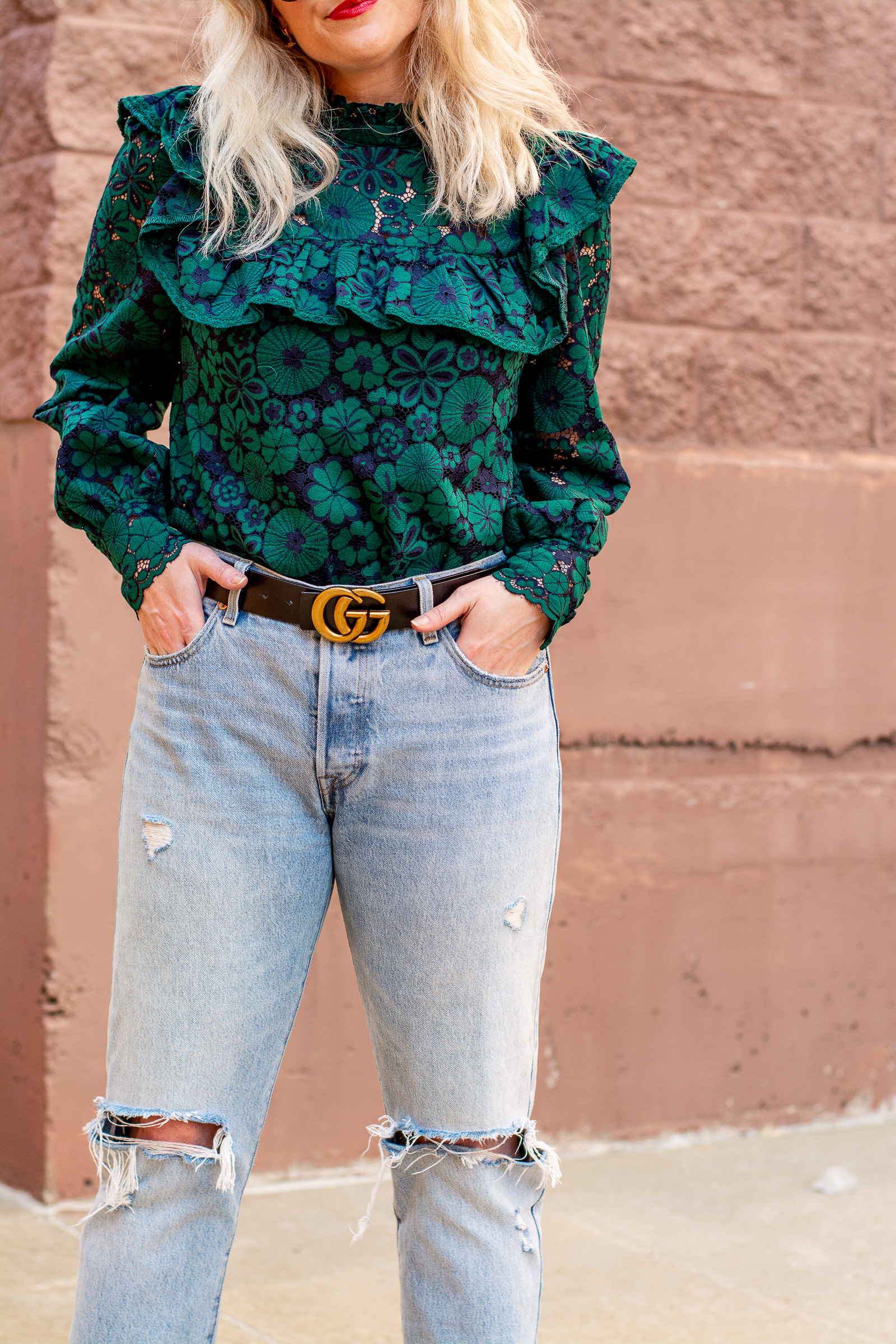 Holiday Outfit: Green Lace Blouse and Levi's. | LSR