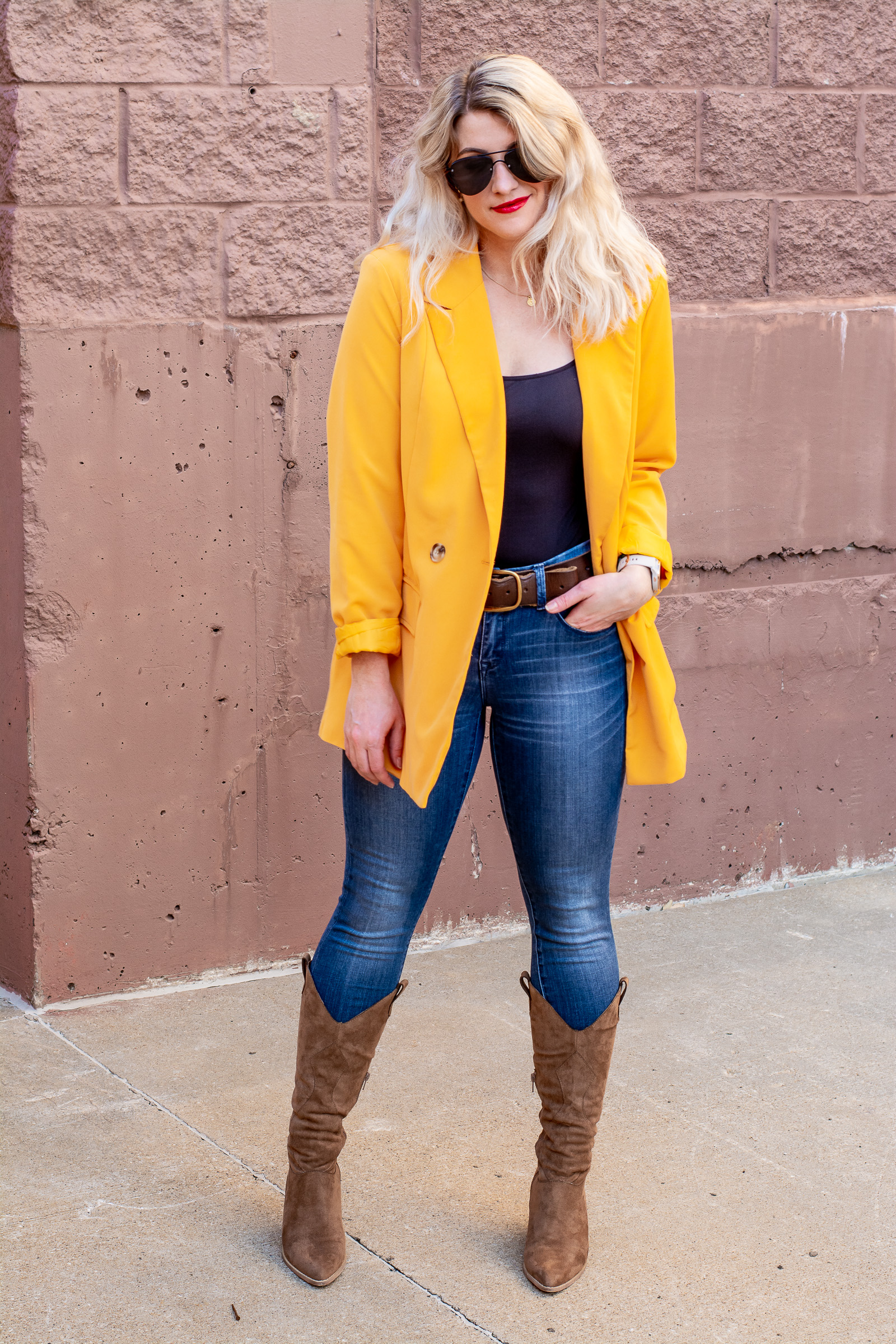 Fall Outfit: Mustard Blazer + Western Boots. | LSR