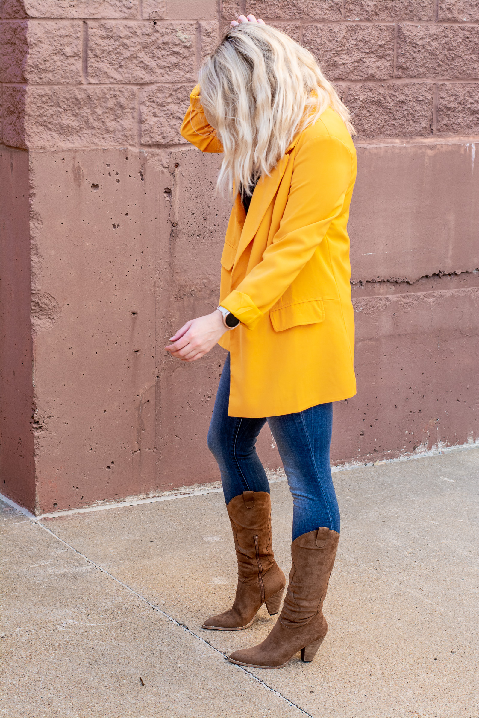 Fall Outfit: Mustard Blazer + Western Boots. | LSR