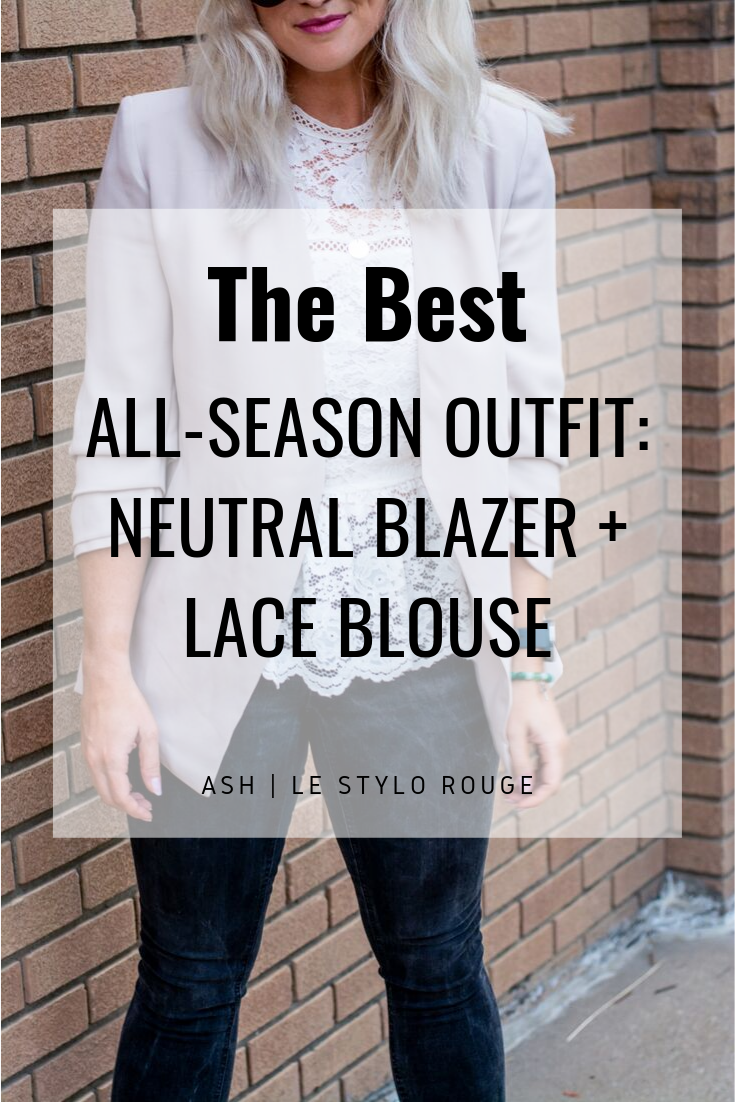 Easy All-Season Outfit: A Neutral Blazer and Lace Blouse. | LSR