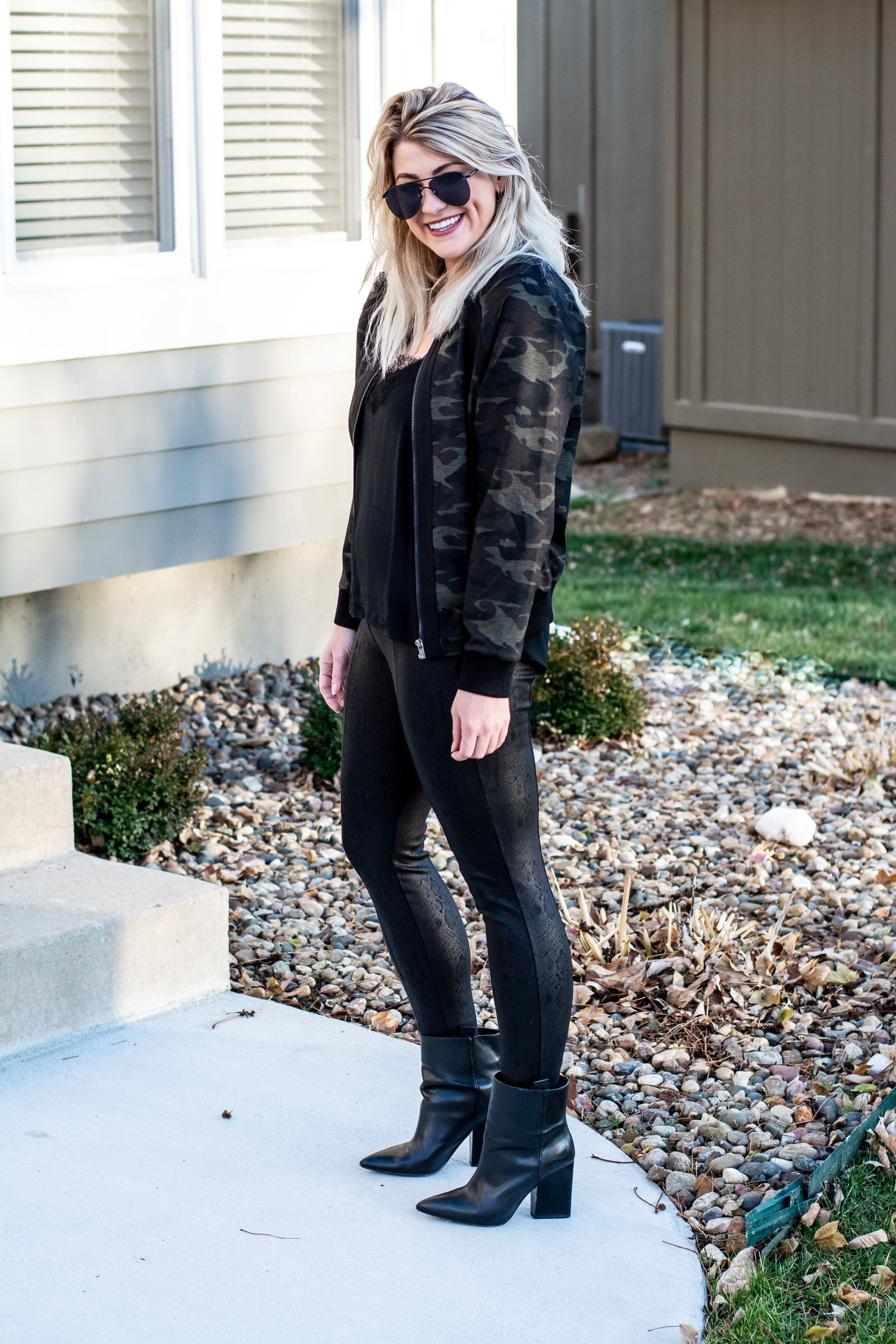 Winter Outfit: Camo Jacket and Snakeskin Leggings. | LSR