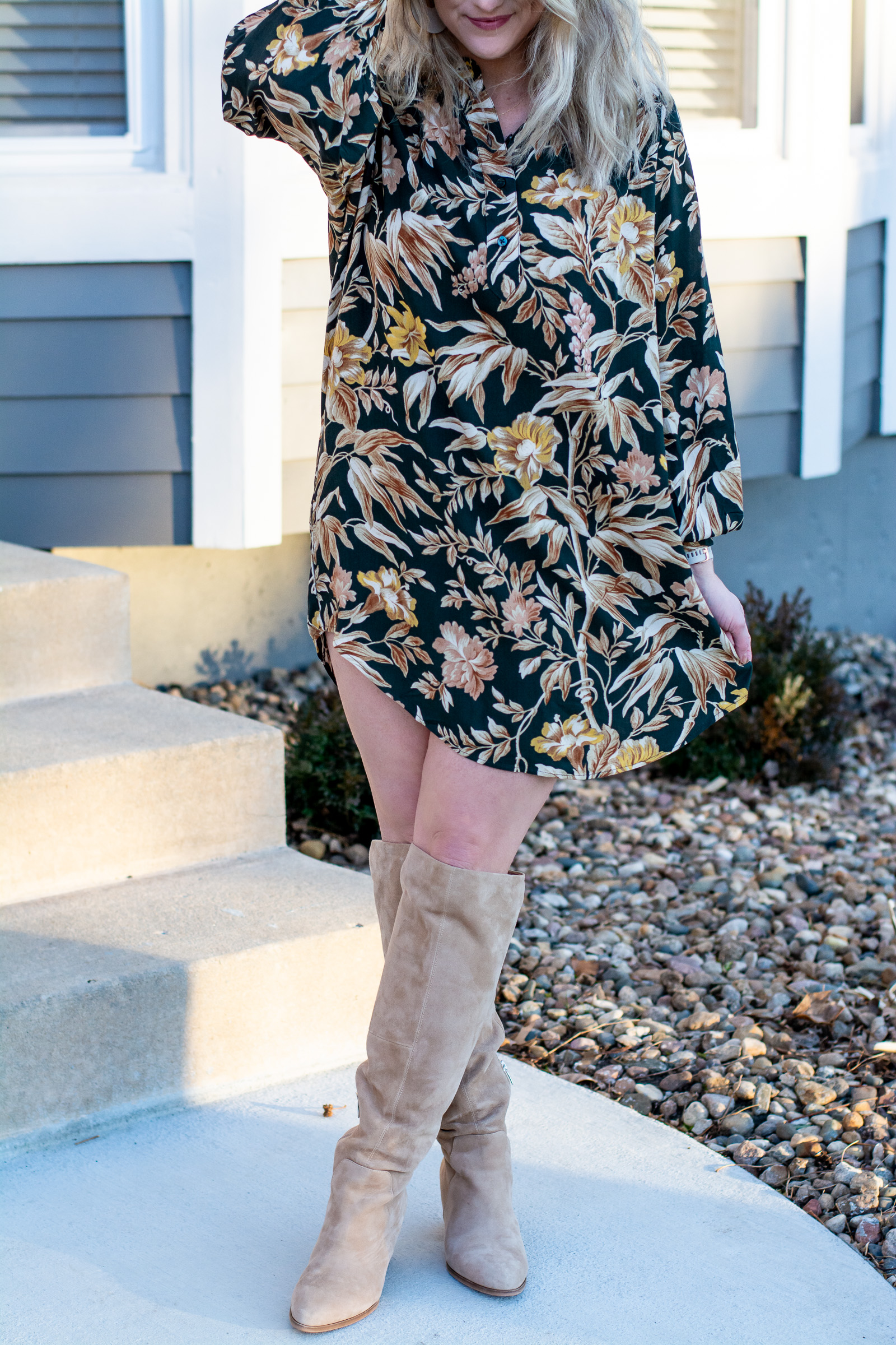 Winter Floral Dress + Tan Boots. | LSR