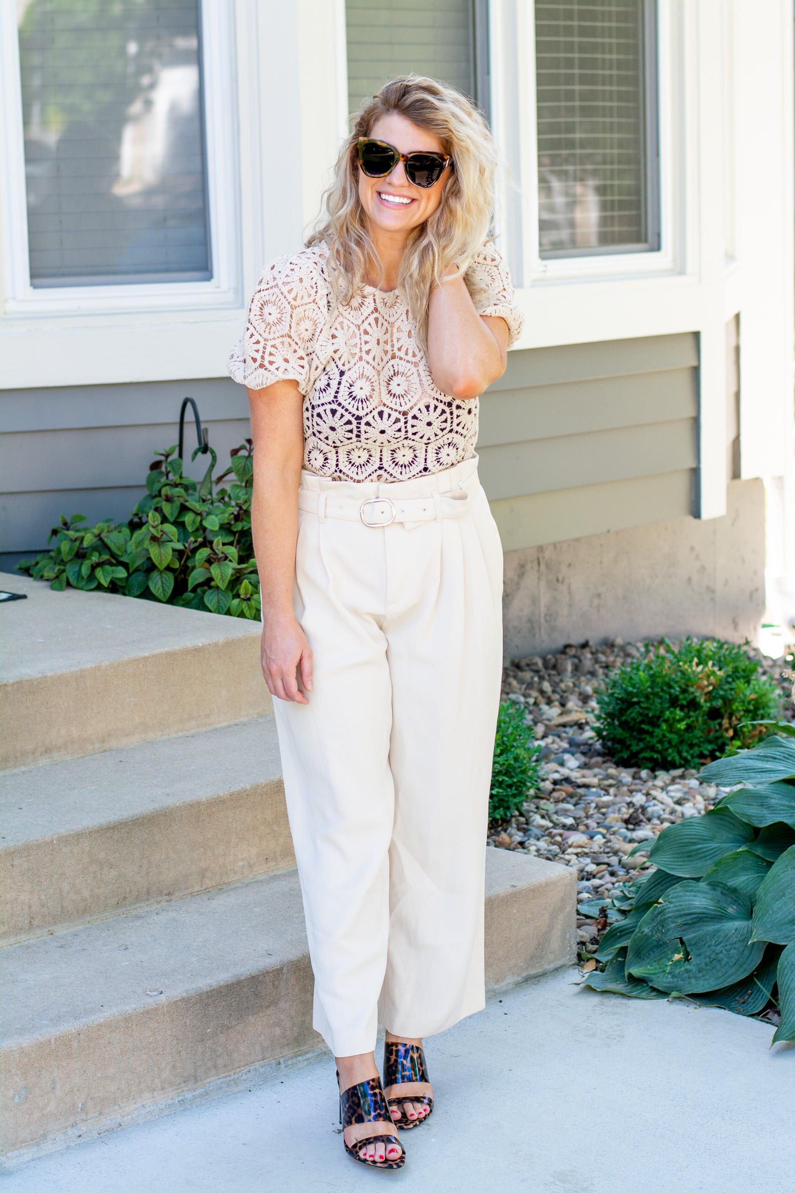 All Beige, Baby: Crochet Top and Zara Trousers.