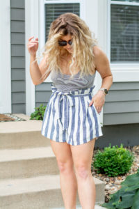 Blue Striped Shorts + Gray Bodysuit. | Le Stylo Rouge