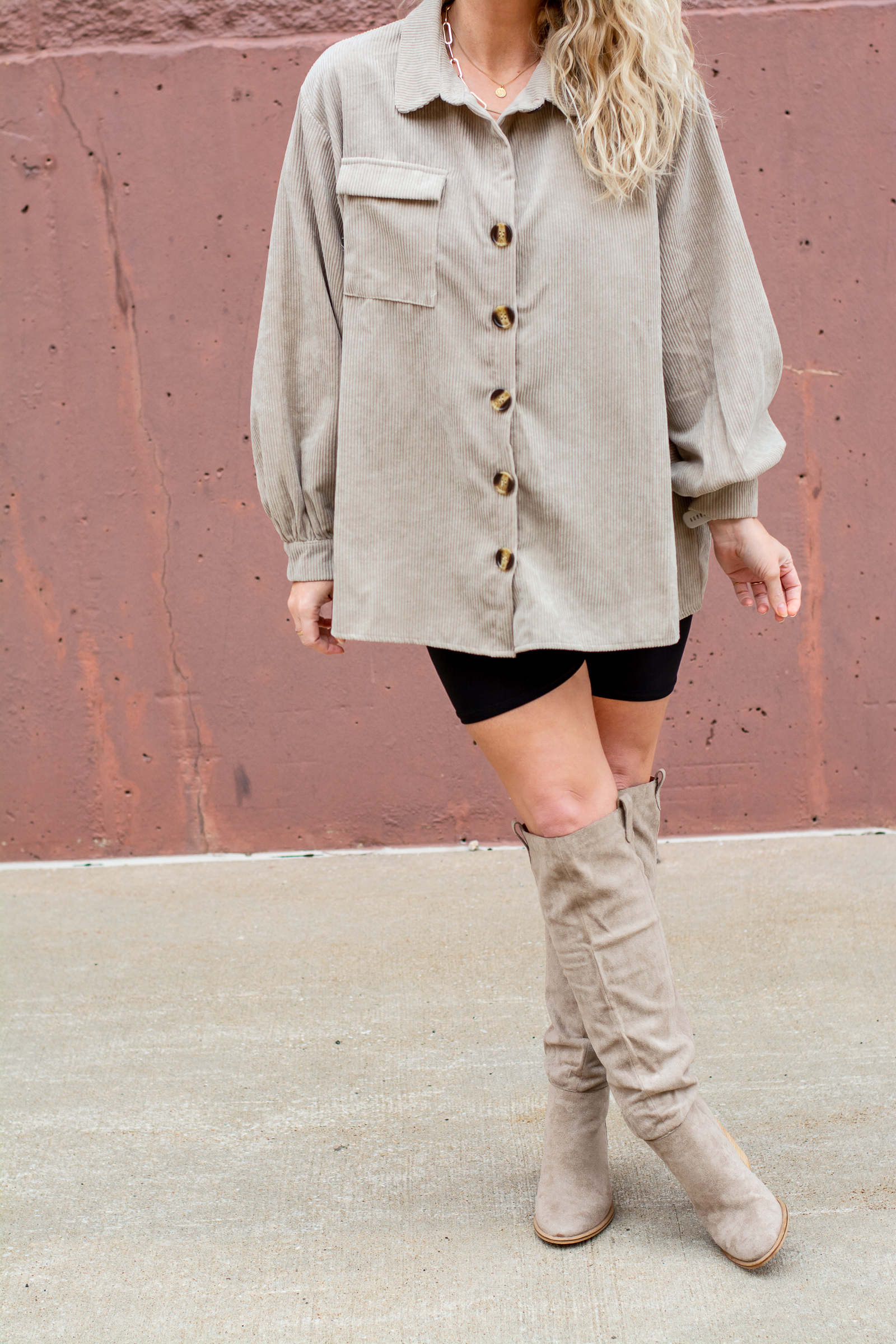 Summer to Fall Outfit: Oversized Corduroy Shirt + Tall Boots. | LSR