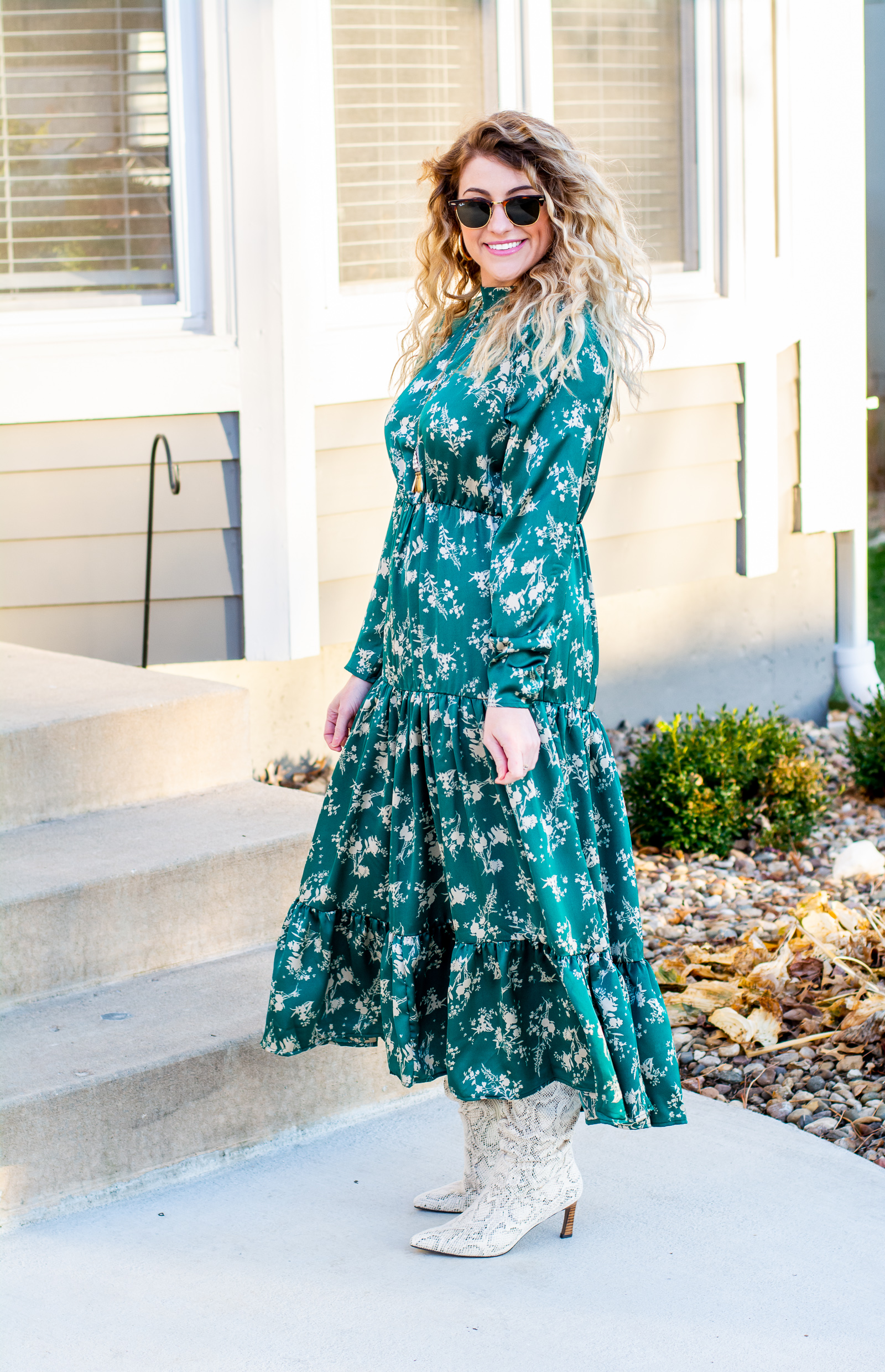 Holiday Outfit Idea: Green Satin Prairie Dress + Snakeskin Boots. | LSR
