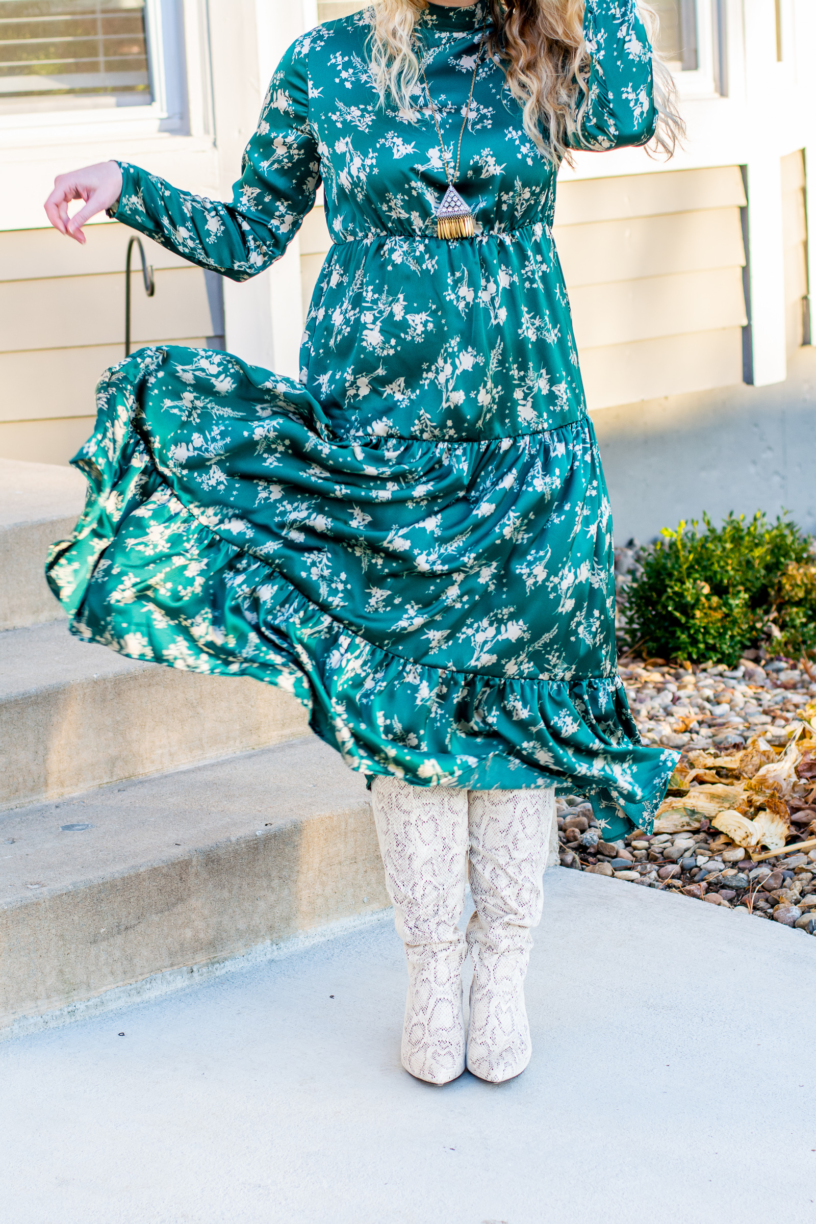Holiday Outfit Idea: Green Satin Prairie Dress + Snakeskin Boots. | LSR