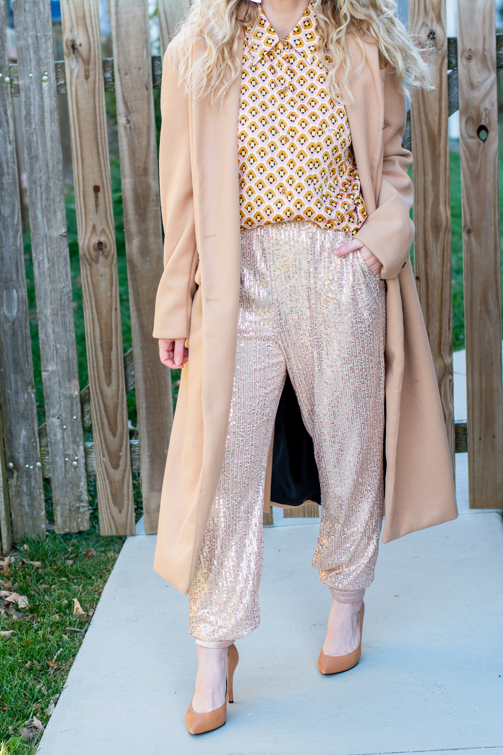 Sequined Joggers + Graphic Shirt and a Long Trench. | LSR