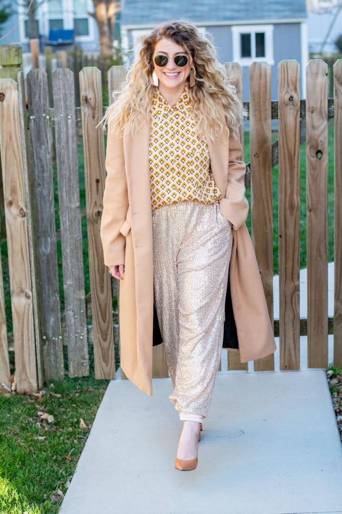 Sequined Joggers + Long Wool Trench. | Le Stylo Rouge