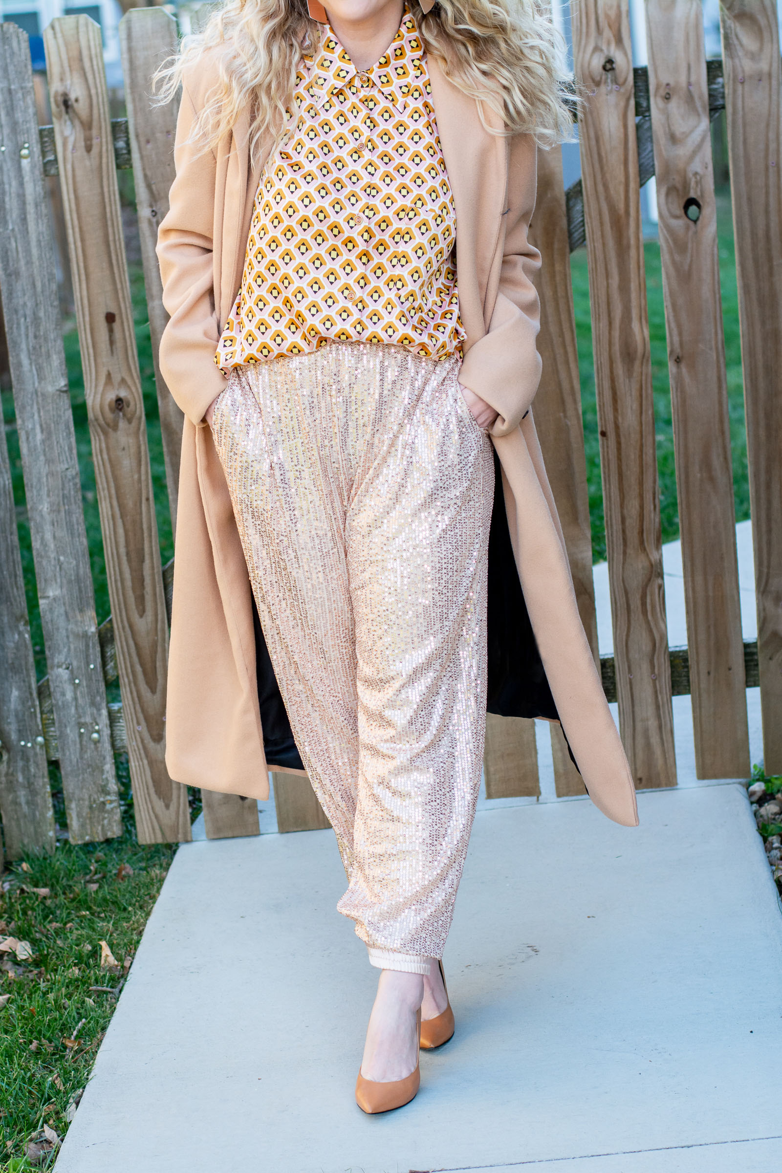 Sequined Joggers + Graphic Shirt and a Long Trench. | LSR