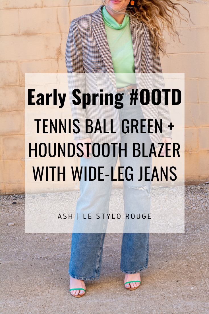 Pin This Outfit: Tennis Ball Green with a Houndstooth Blazer and Wide-leg Jeans. | LSR
