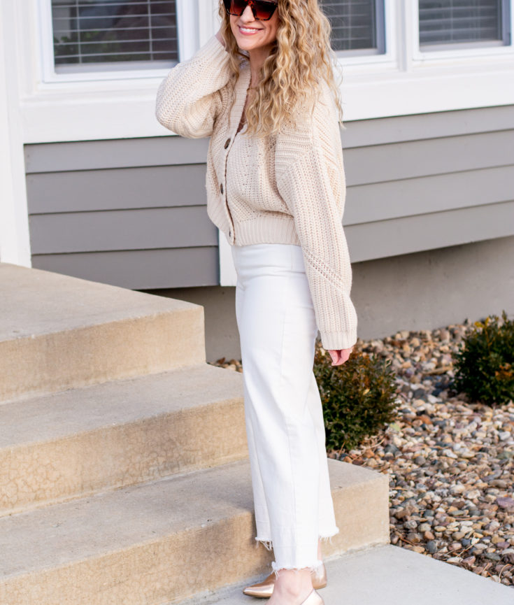 Blush Cardigan + Cream Culotte Jeans. | LSR
