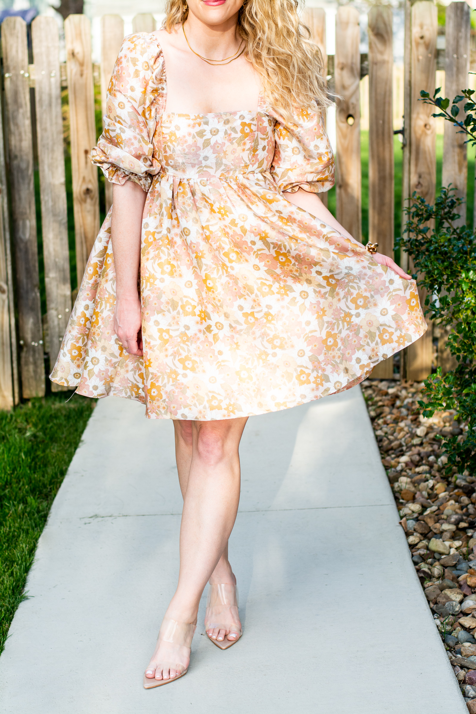 Apricot Floral Dress + Clear-strap Sandals. | LSR