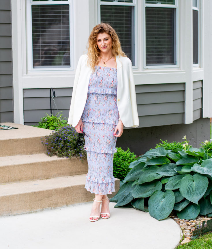 Wedding Guest Outfit Idea: Smocked Floral Midi Dress + White Blazer. | LSR