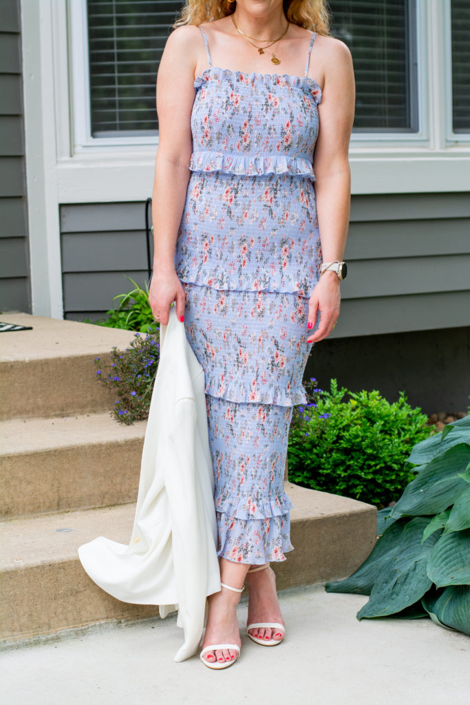 Periwinkle Smocked Floral Midi Dress + White Blazer. | Le Stylo Rouge