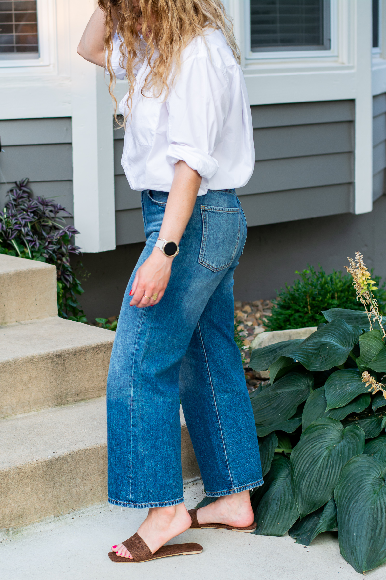 A White Button-Up Remix with Denim Culottes and Simple Sandals.