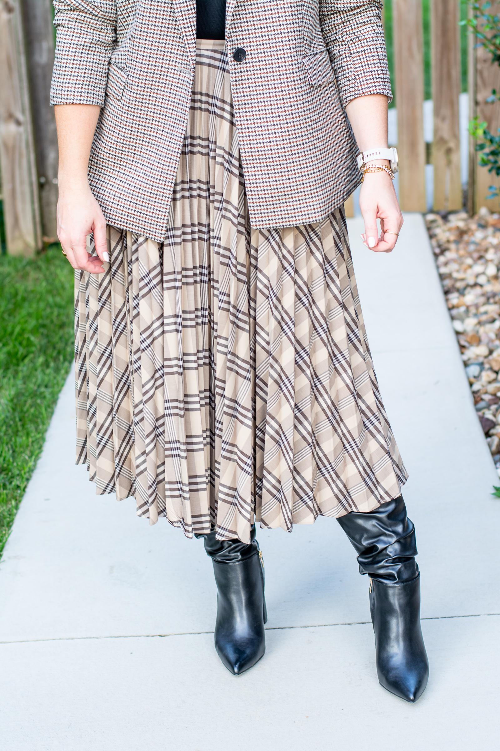 Black Slouchy Boots with a Plaid Midi Skirt. | LSR