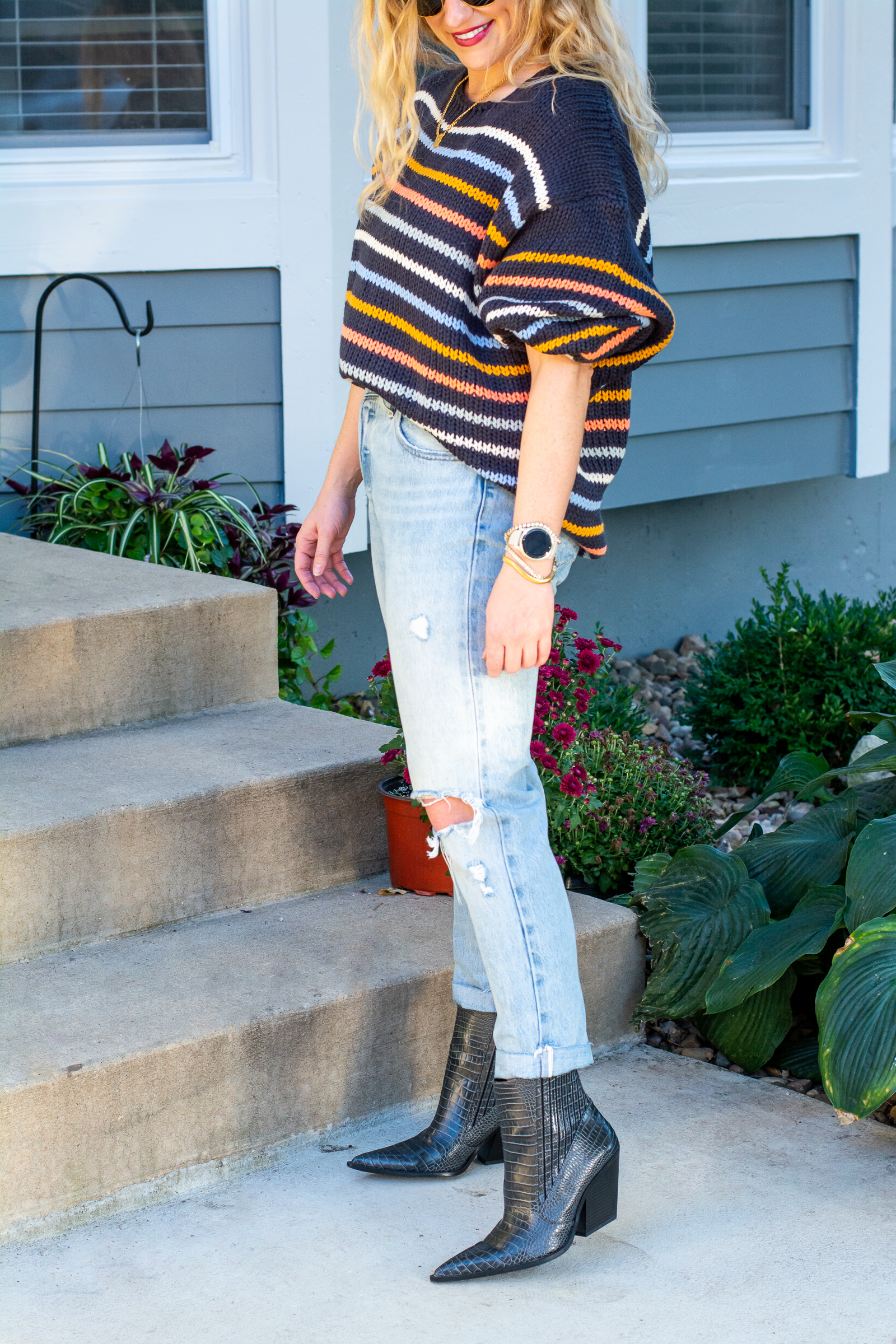 Fall Outfit Idea: Slouchy Striped Sweater + Croc Boots. | LSR