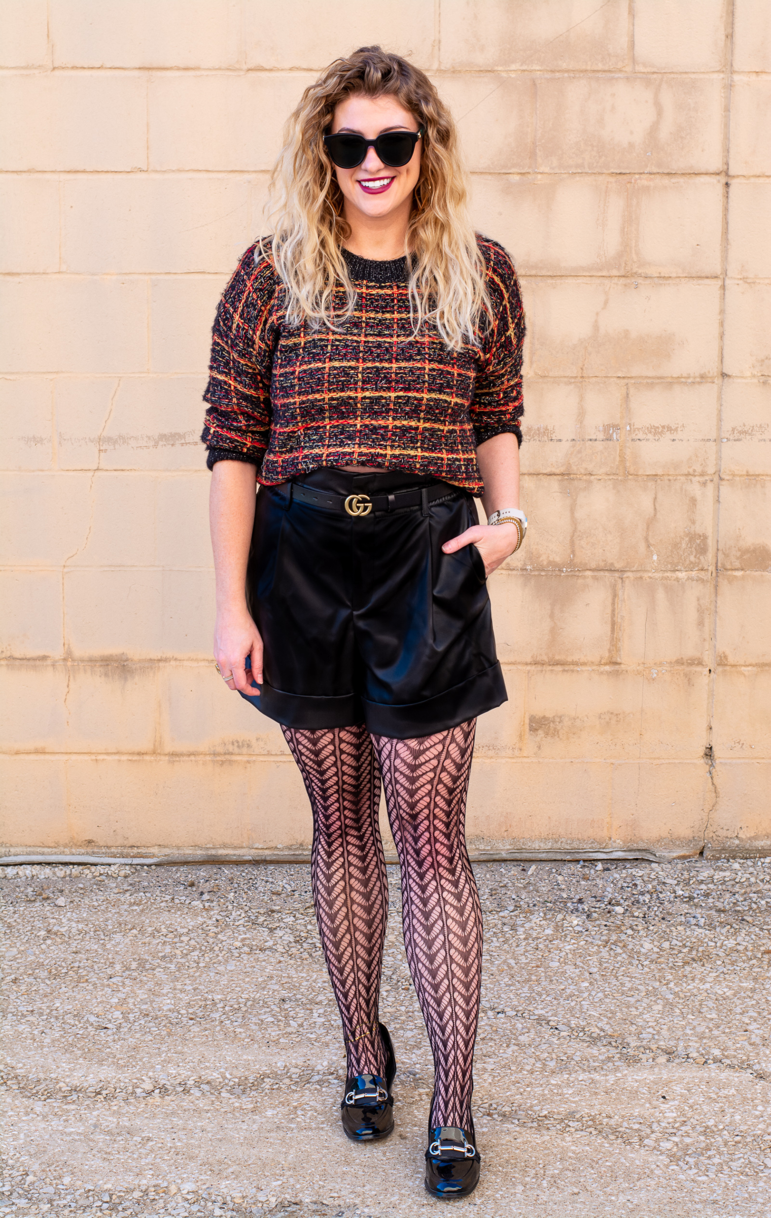 Holiday Outfit Idea: Tinsel Sweater, Faux Leather Shorts and Fishnets. | LSR