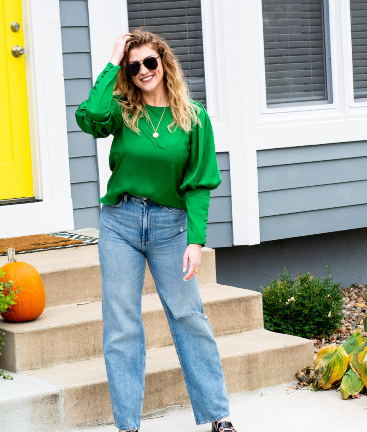 Casual Holiday Outfit Idea: Green Satin Blouse + Wide-leg Jeans. | LSR