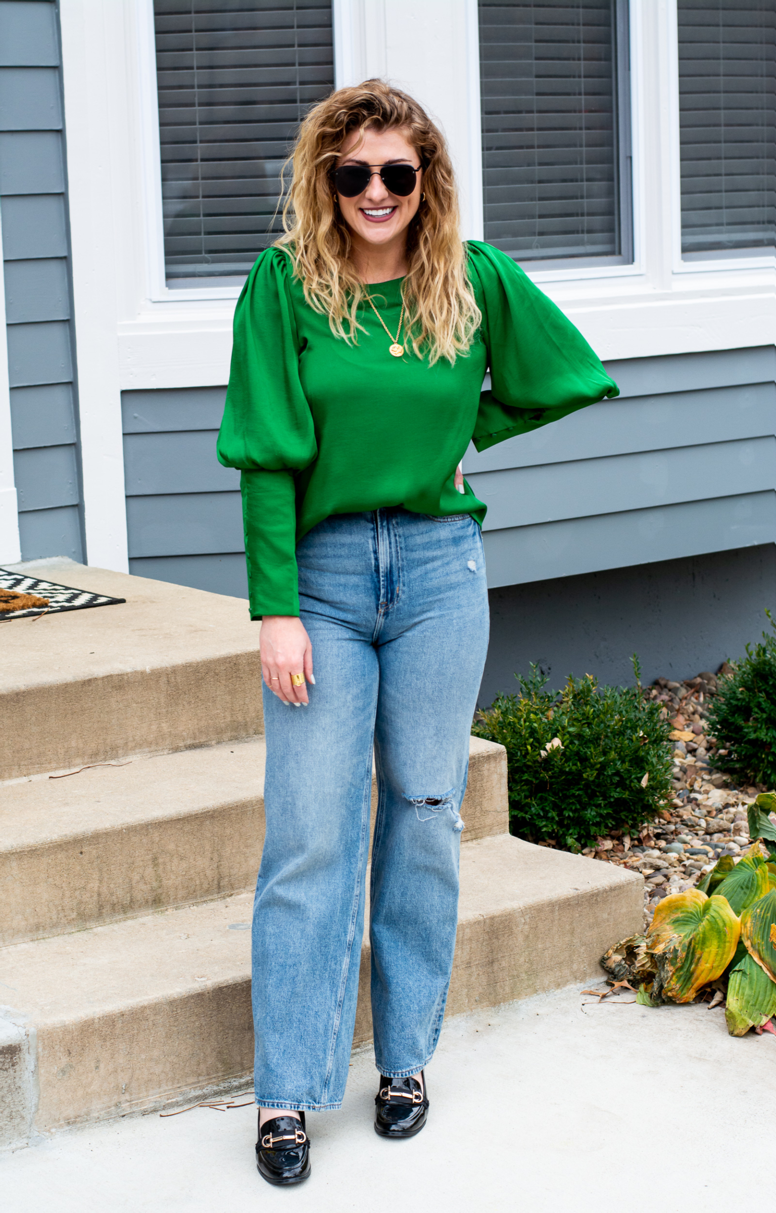 Holiday Outfit Idea: Green Satin Blouse + Wide-leg Jeans. | LSR