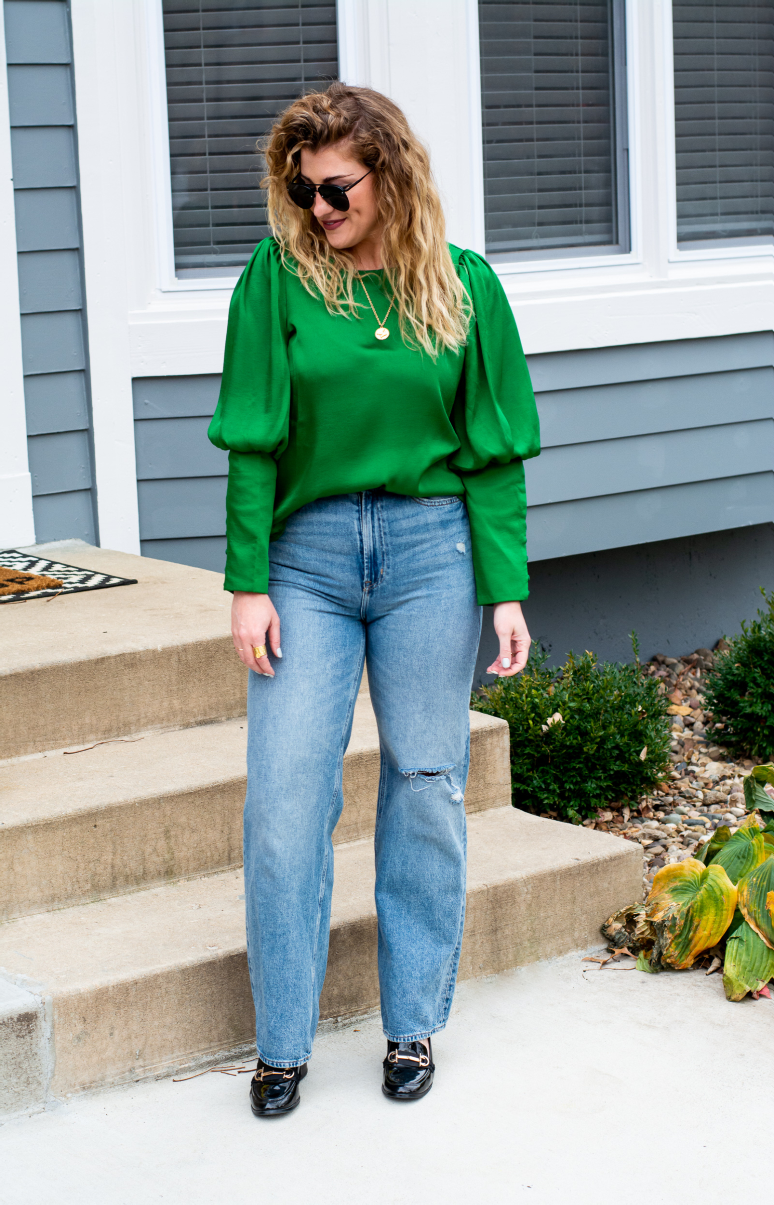 Holiday-ready in a Green Satin Blouse and Wide-leg Jeans. | LSR
