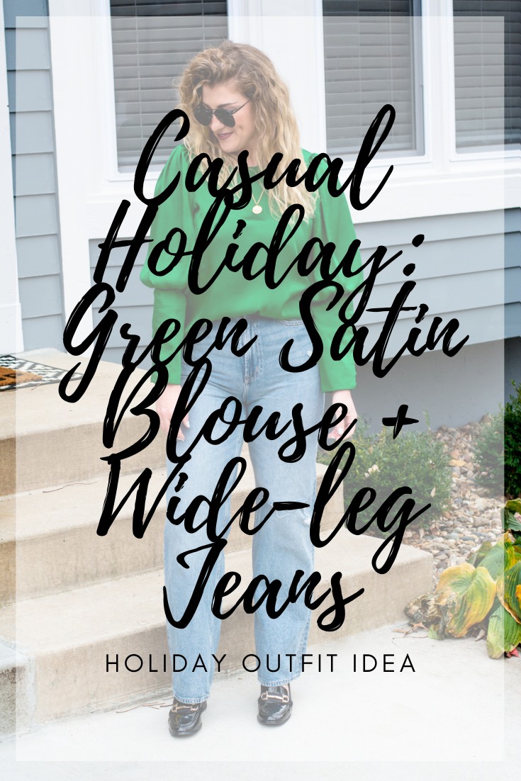 Holiday Outfit Idea: Green Satin Blouse + Wide-leg Jeans. | LSR