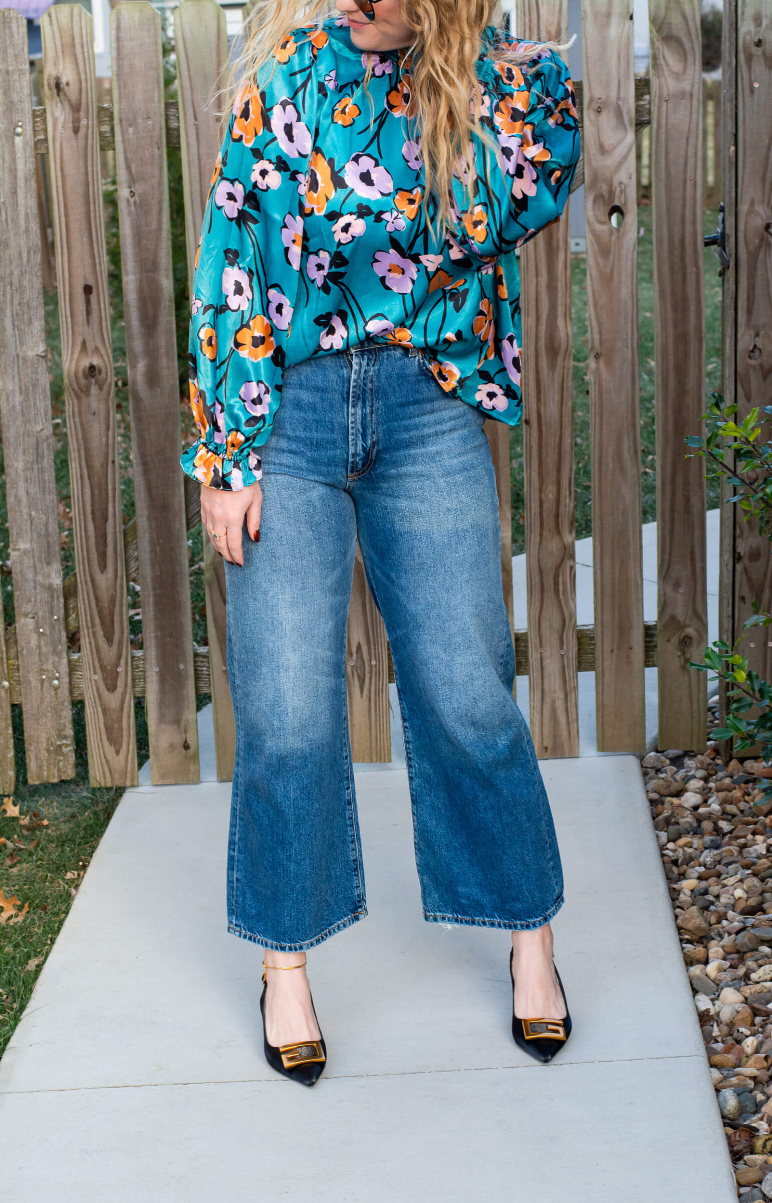 Turquoise Floral Blouse + Wide-leg Jeans. | LSR