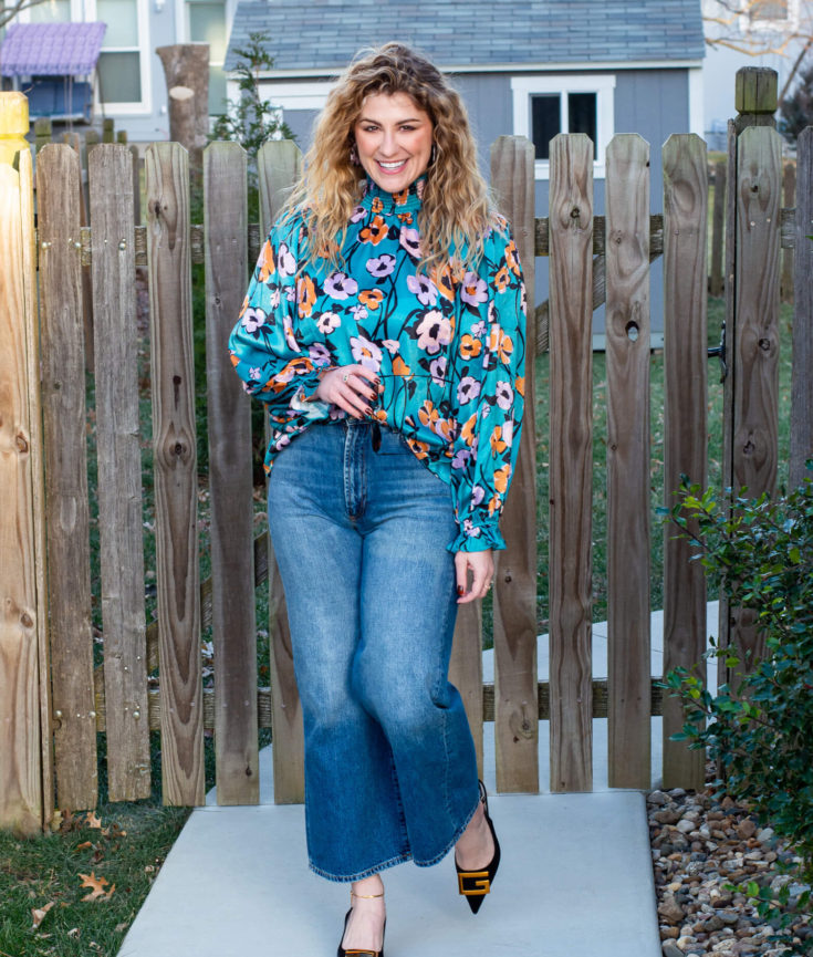 Turquoise Floral Blouse + Wide-leg Jeans. | LSR