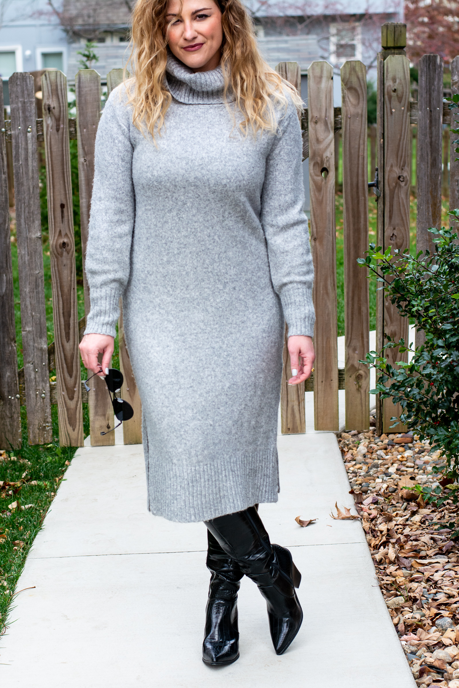 Gray Sweater Dress + Tall Cowboy Boots. | LSR