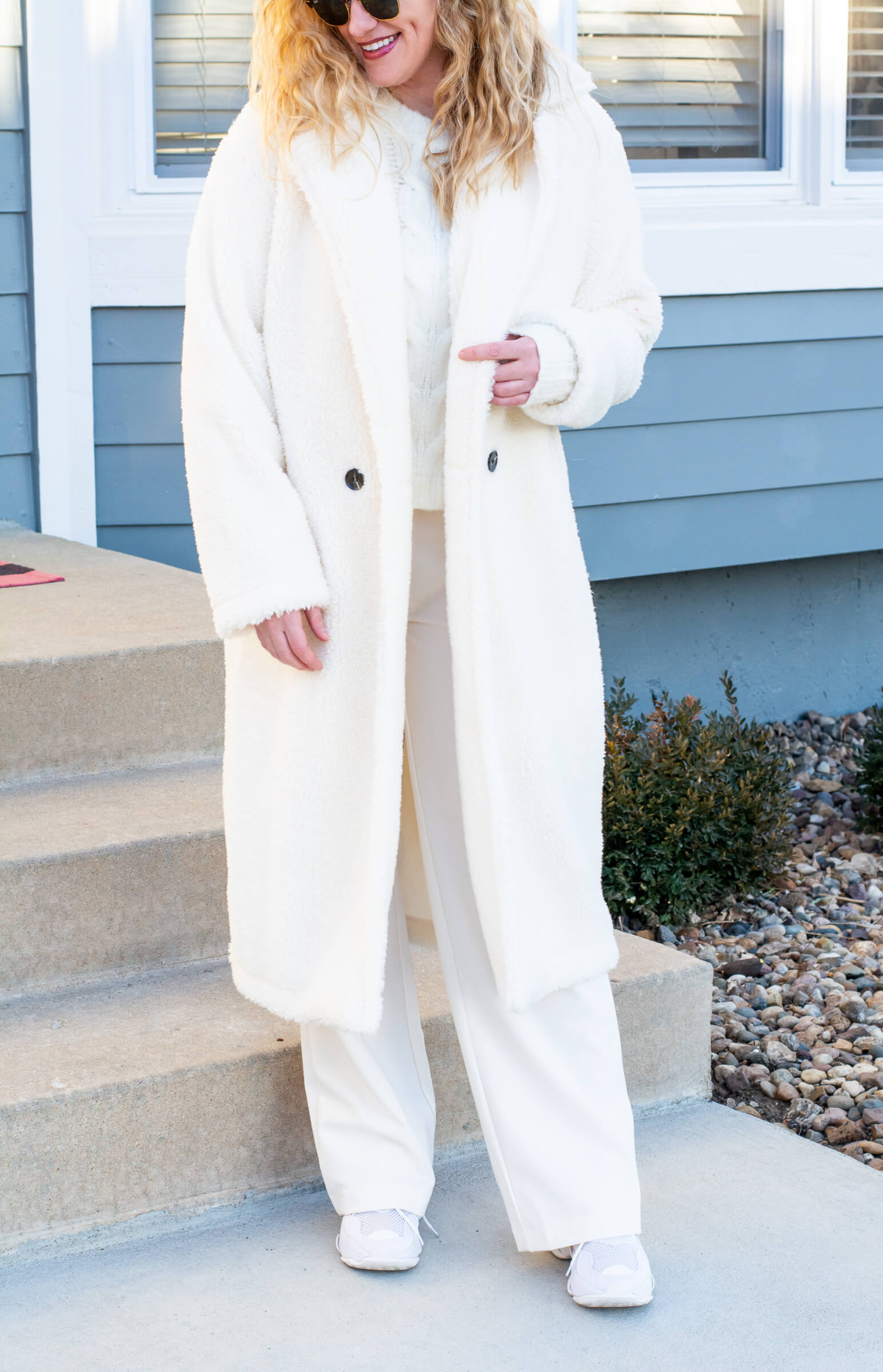 Winter White Outfit: Teddy Coat, Trousers, and Sneakers. | LSR