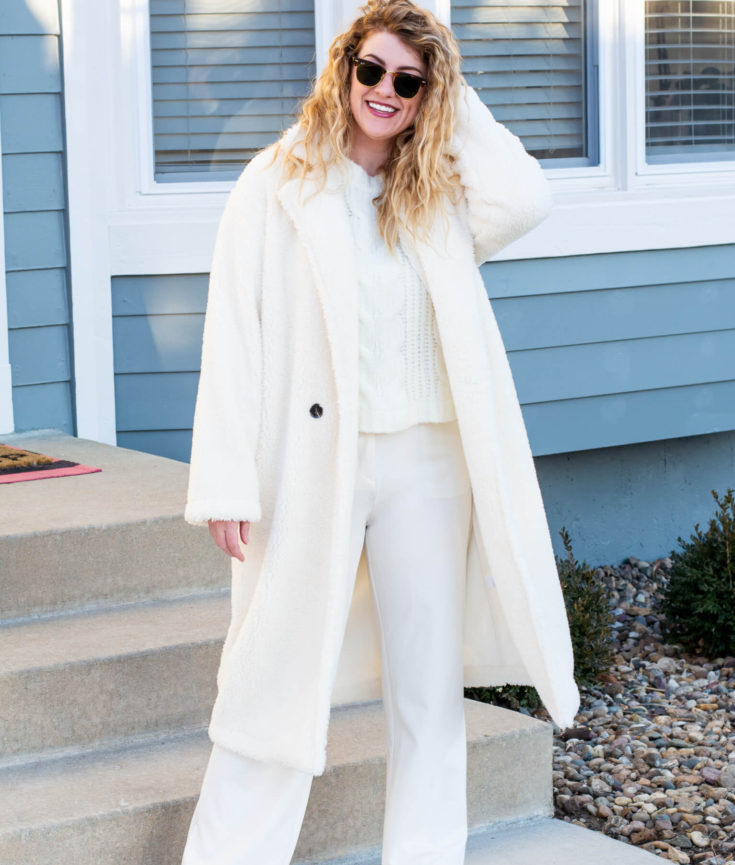 Winter White Outfit: Teddy Coat, Trousers, and Sneakers. | LSR