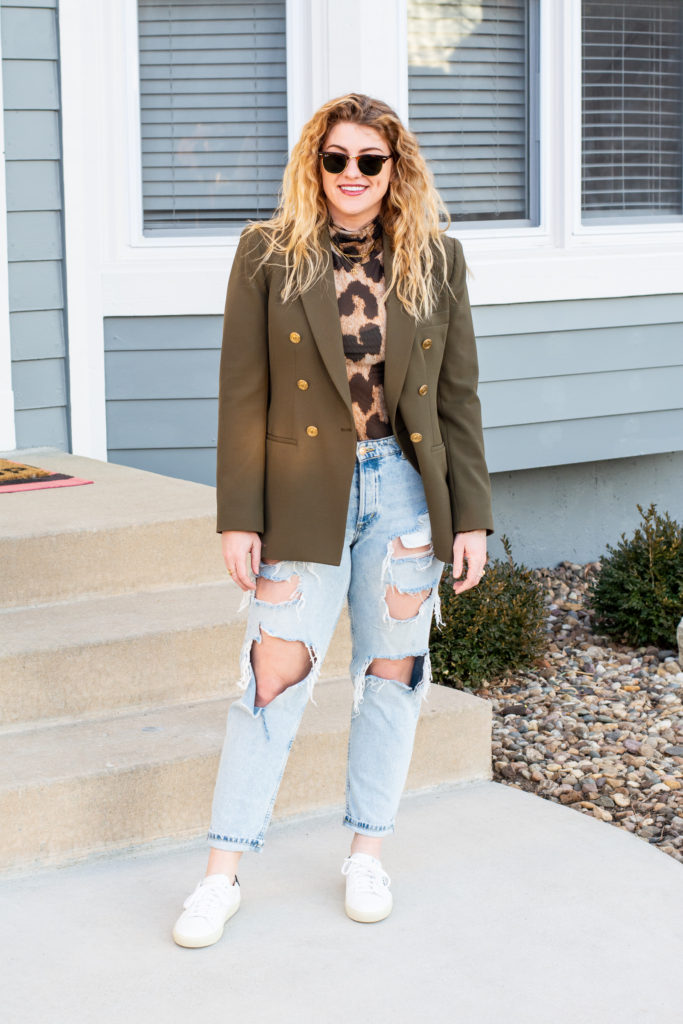 Olive Green Blazer Leopard Turtleneck And Sneakers Lsr