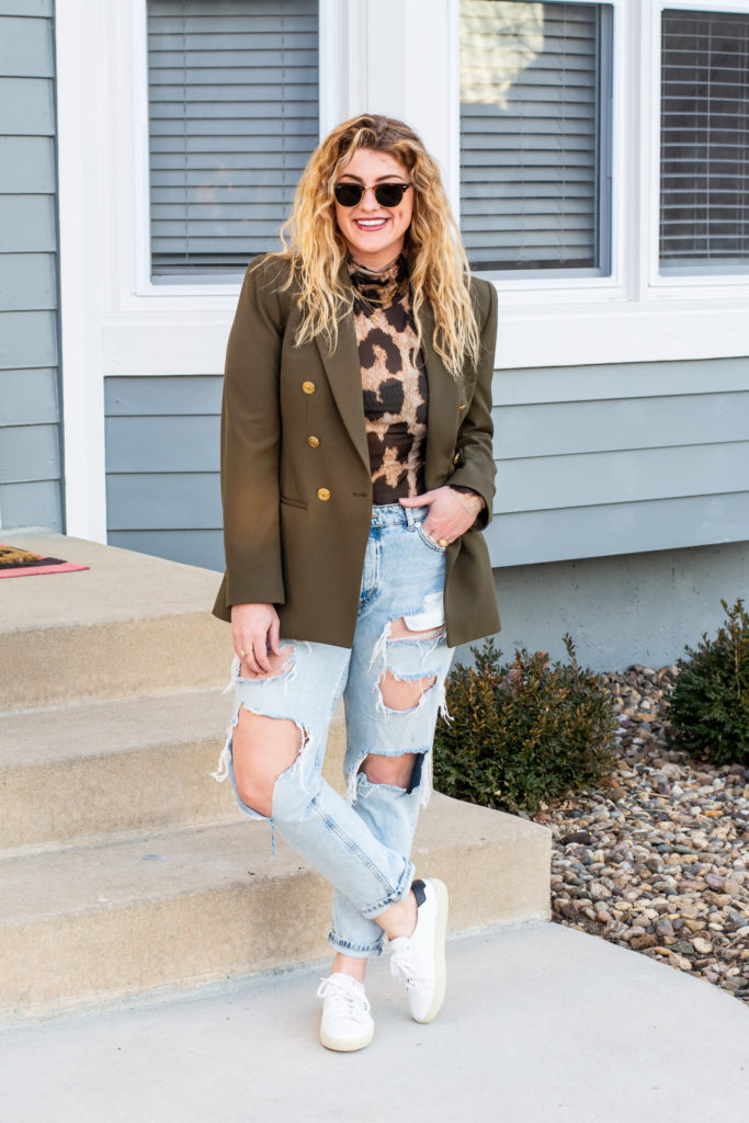 Olive Green Blazer Leopard Turtleneck And Sneakers Lsr