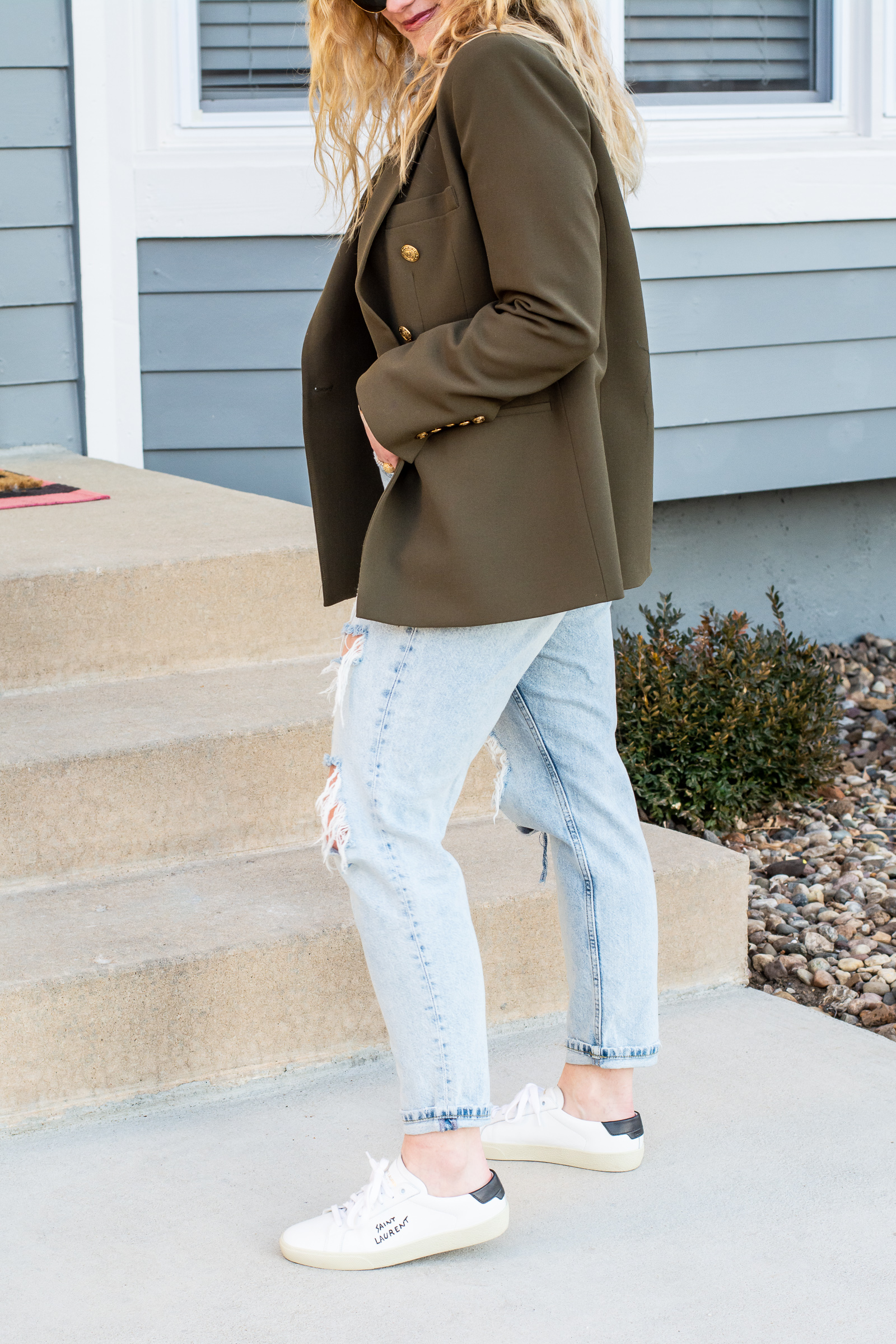 Olive Green Blazer with a Leopard Turtleneck and Sneakers. | LSR