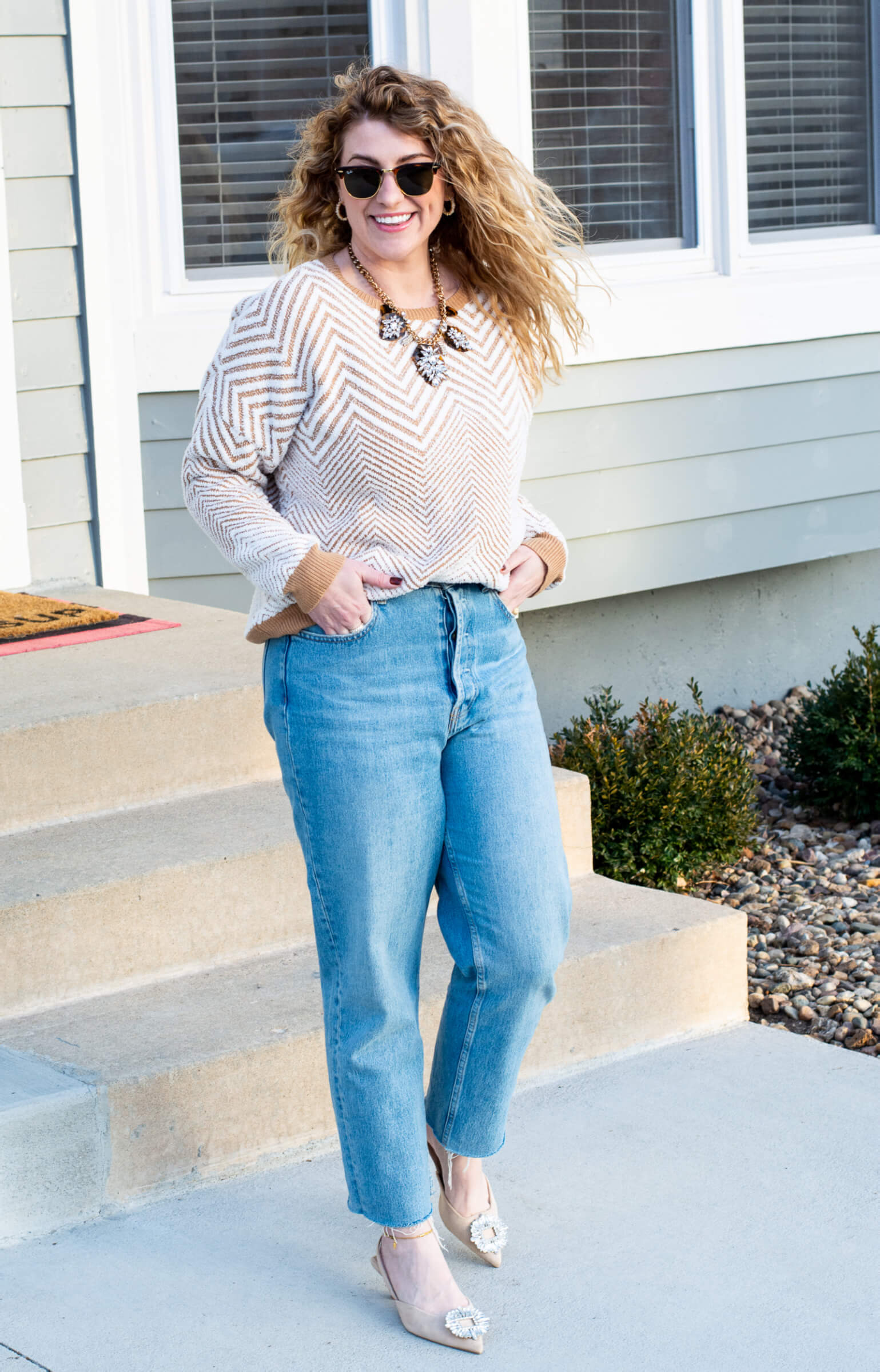 Tan + White Sweater with Slouchy Jeans and Crystal Kitten Heels. | LSR