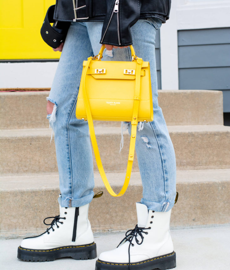 Yellow Teddy Blake Bag with White Doc Boots. | LSR