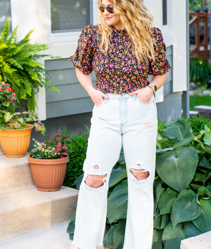 Smocked Blouse and Wide Leg Jeans with Thong Heeled Sandals. | LSR