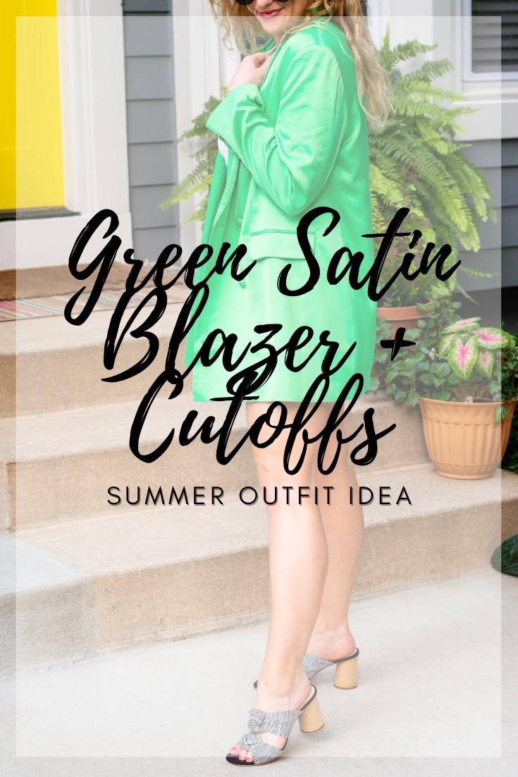 Summer Outfit Idea: Green Satin Blazer + Cutoffs with Striped Sandals. | LSR