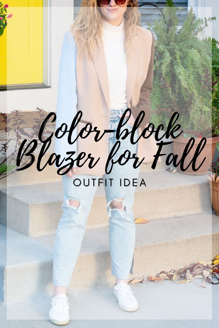 Fall Outfit Idea: Color-block Blazer, Straight-leg Jeans and Sneakers. | LSR