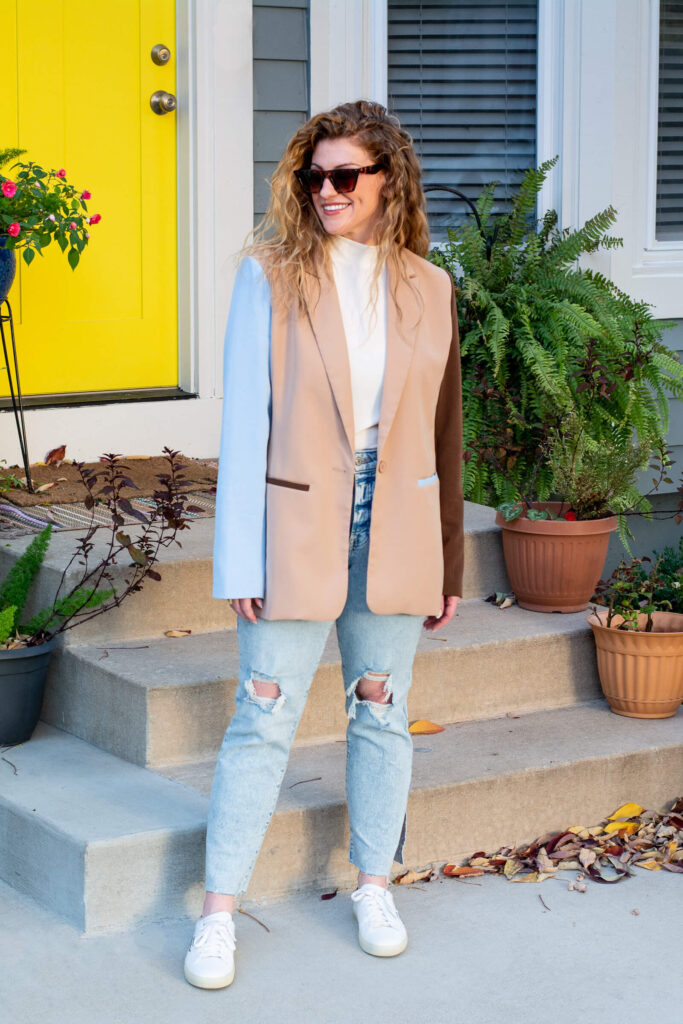 Fall Outfit Idea: Color Block Blazer, Straight-leg Jeans and Sneakers. | LSR