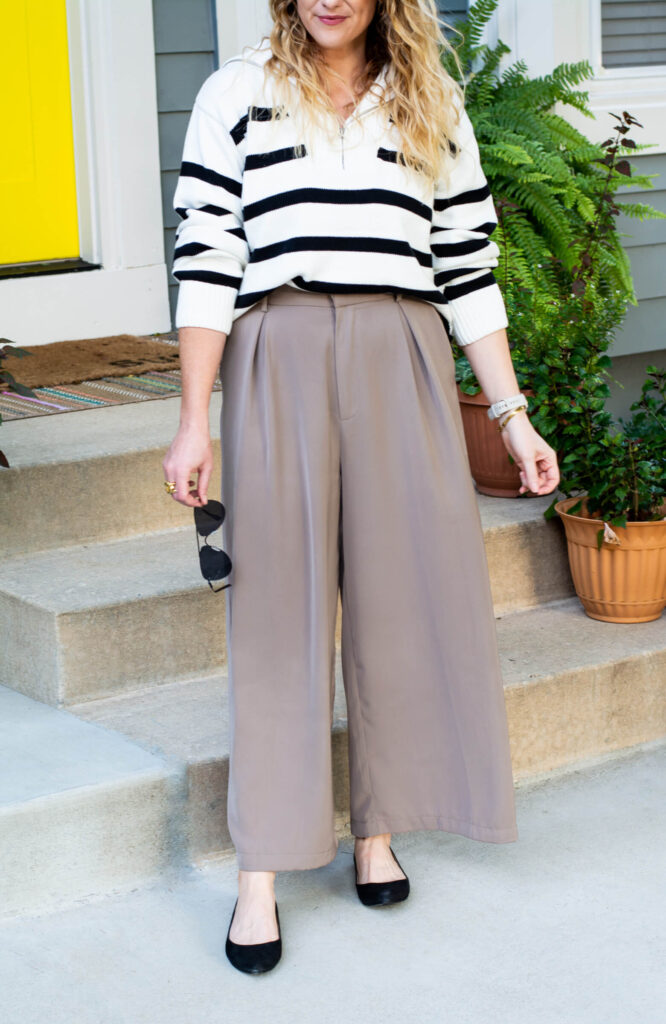 Fall Outfit Idea: Wide-leg Amazon Trousers + Striped Sweater. | LSR