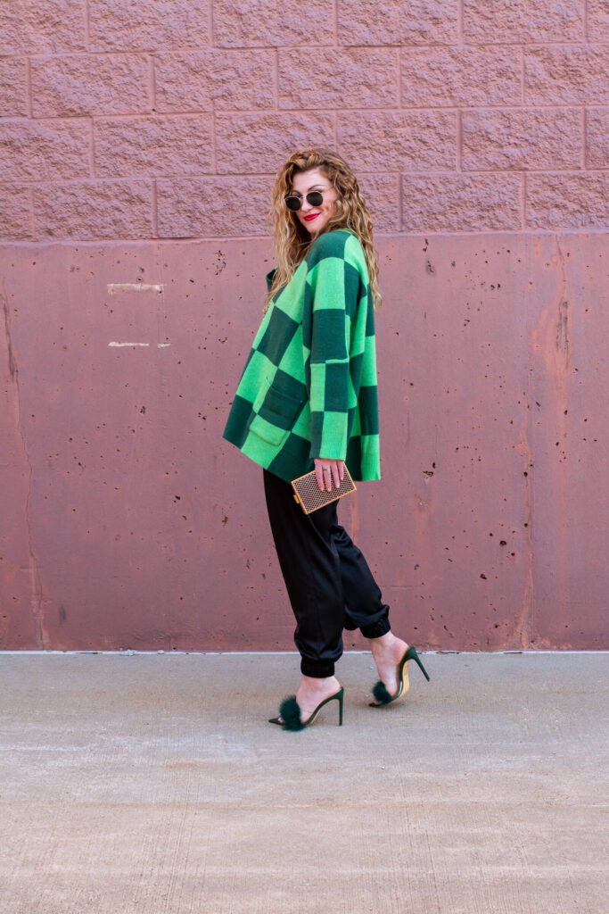 Green Checkered Cardigan and Satin Joggers with Feather Mules for Holiday. | LSR