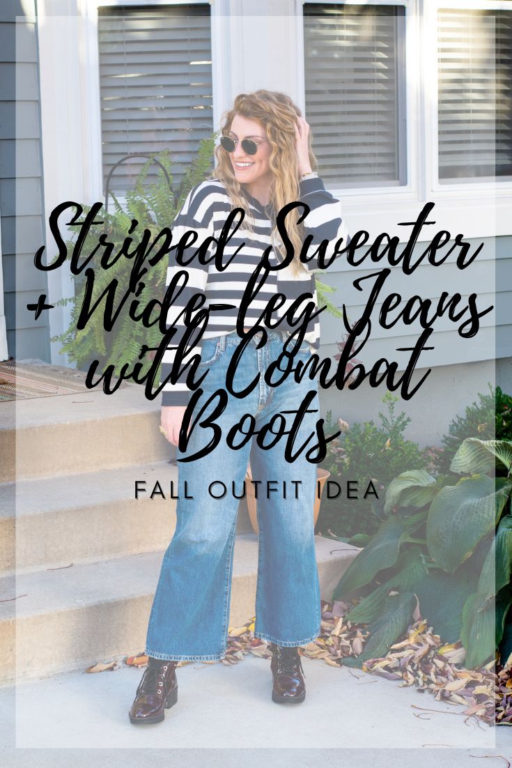 Mixed Stripe Sweater with Wide-leg Jeans and Combat Boots. | LSR